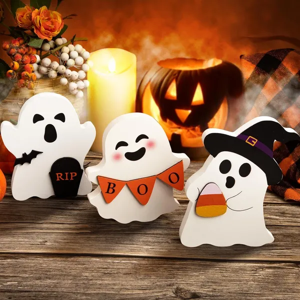 Décor Halloween fantôme mignon bois, 3 pièces, noir