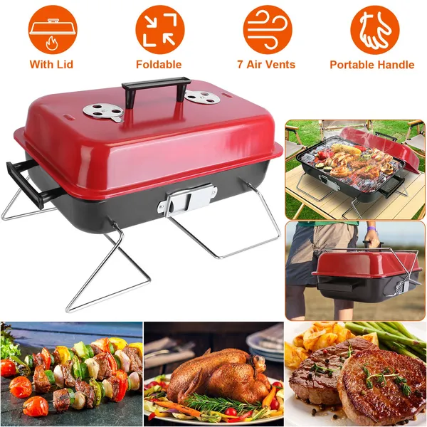 Gril charbon portable, petit barbecue, pliable, couvercle, camping