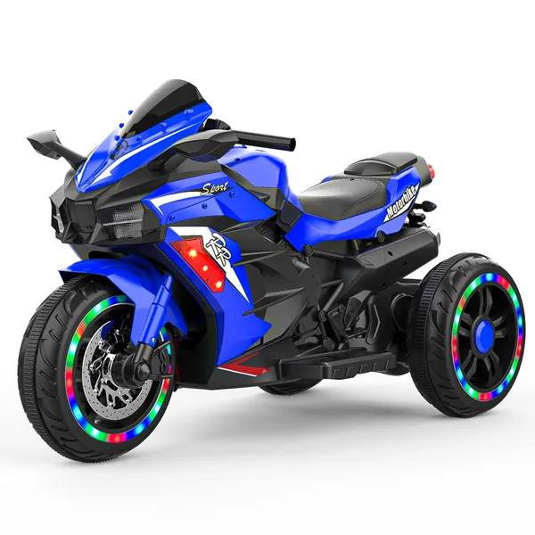 Moto électrique enfants 12V, 3 roues, LED, Bluetooth, bleu