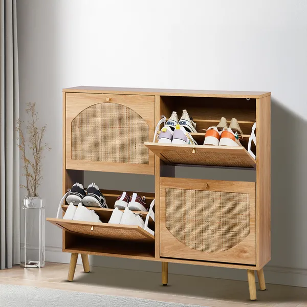 Armoire Chaussures Rotin 4 Rangées Bois 105x24x98cm