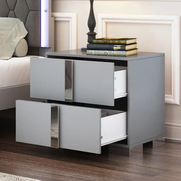 Table de nuit miroir avec pieds en métal, 2 tiroirs, gris