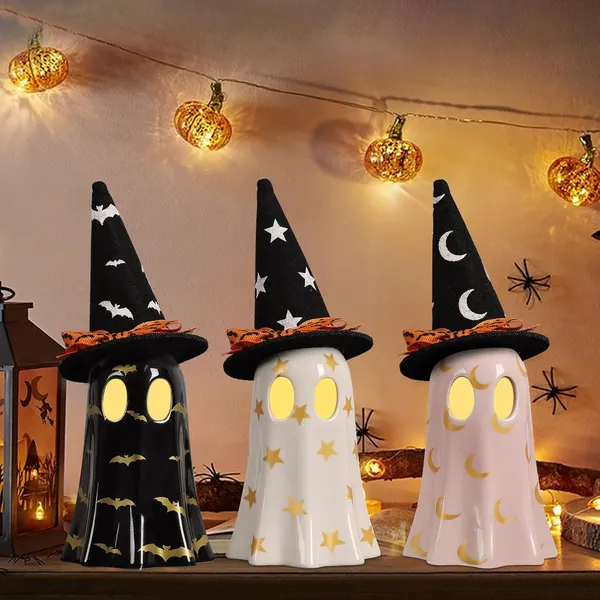 Fantômes céramique Halloween 3 pcs, chapeau sorcière