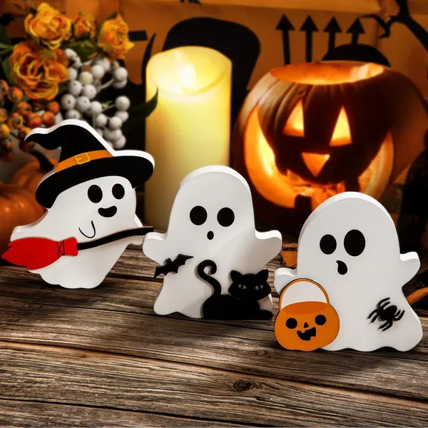 Décor Halloween Ute fantôme bois, 3 pièces, noir