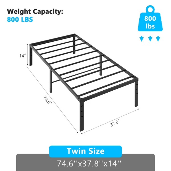 Lit plateforme métal simple twin noir, 14po haut