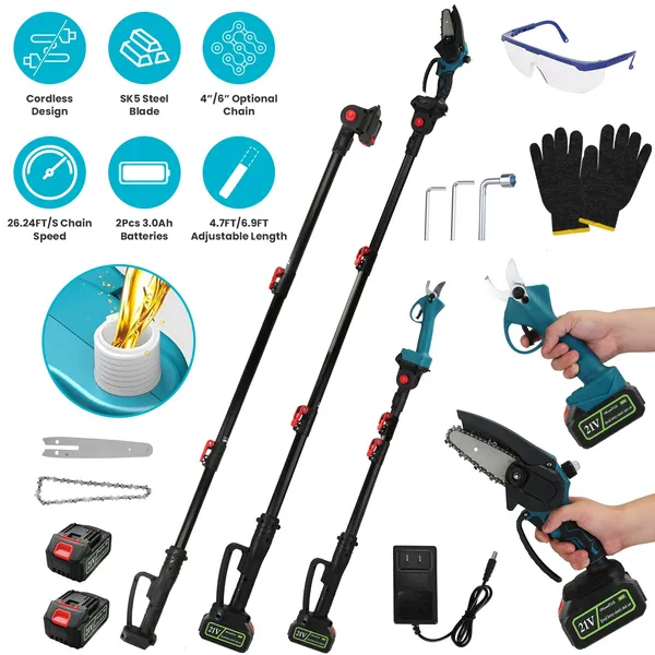 Sécateur électrique 4-en-1, tête ajustable, 2 batteries