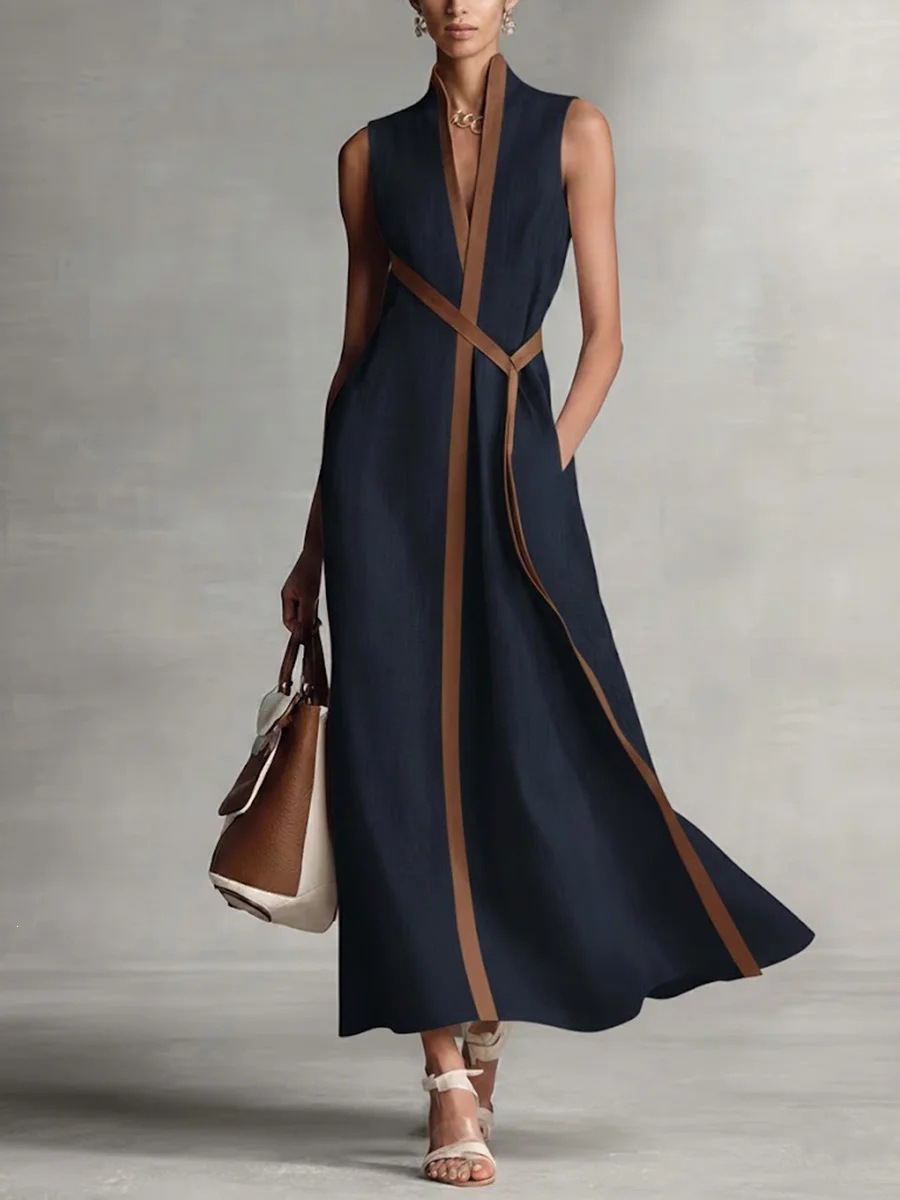 Robe lin mélange sans manches col montant color-block