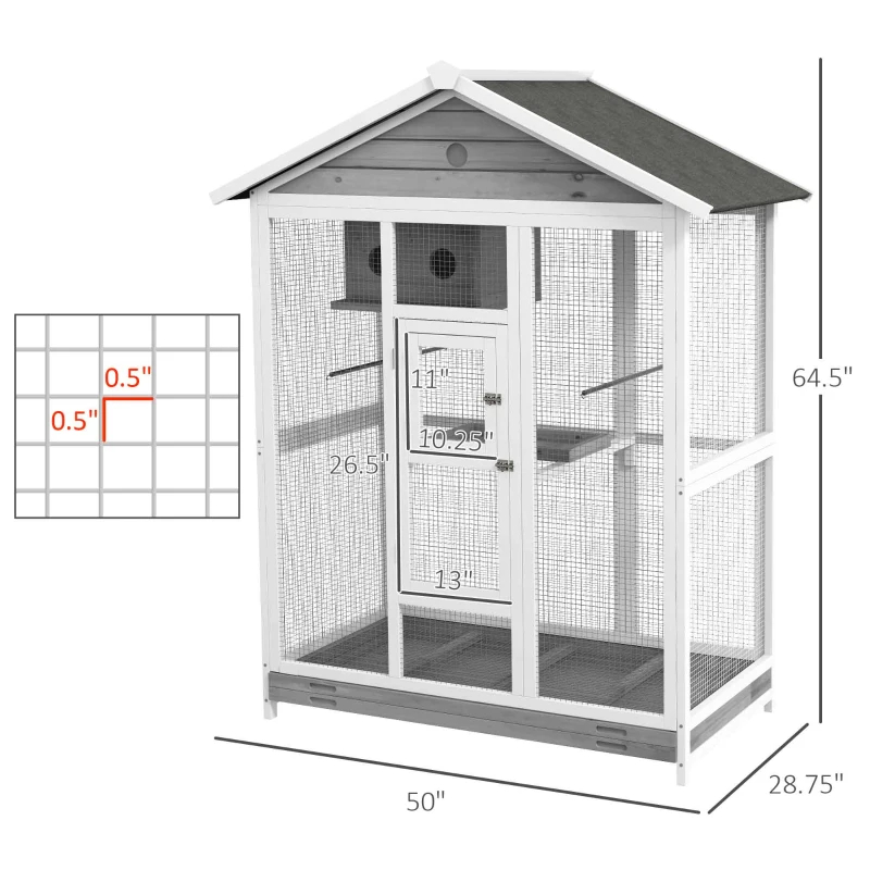 PawHut Cage oiseau 64,5" bois, 4 perchoirs, gris