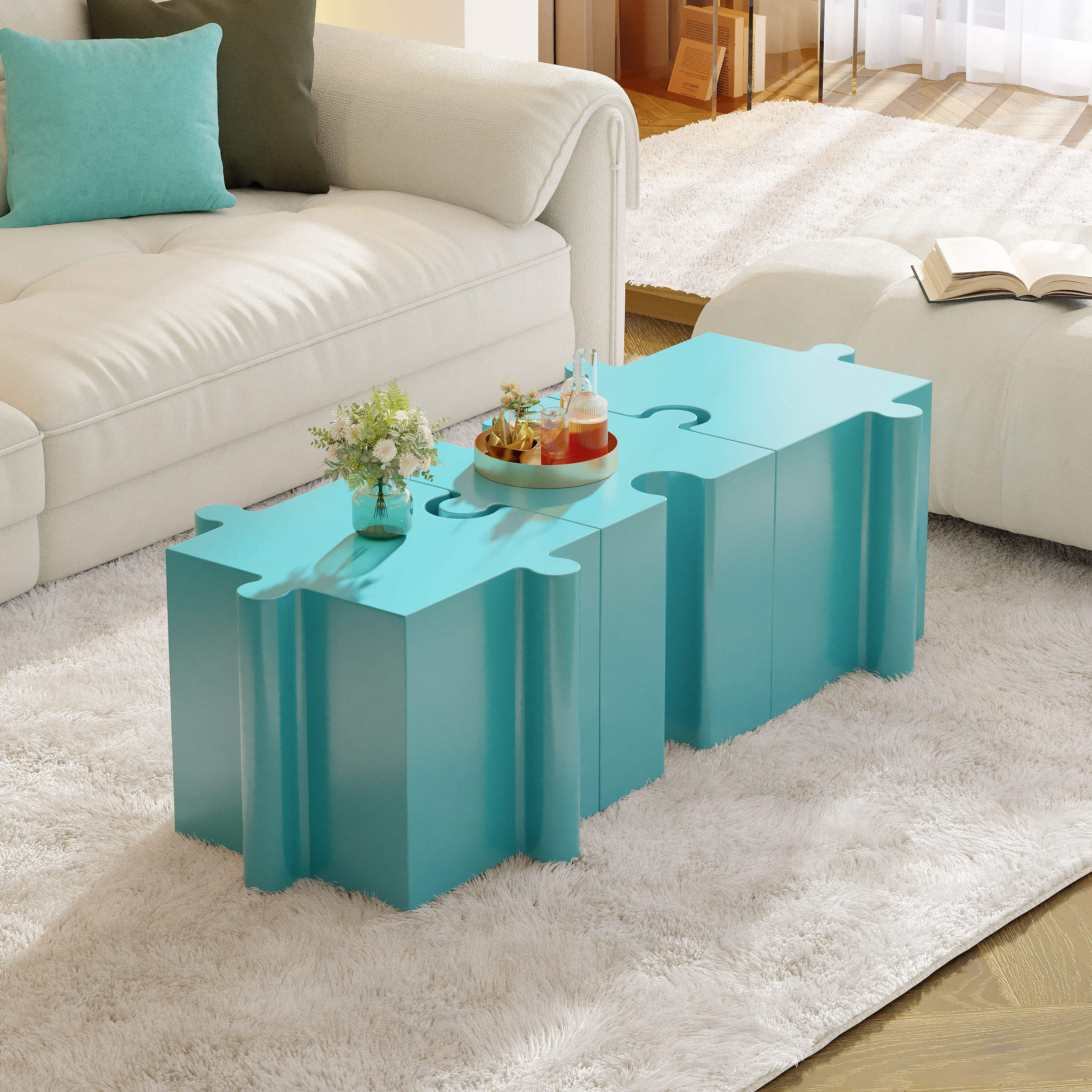 Ensemble 3 tables puzzle modulaire côté bleu clair