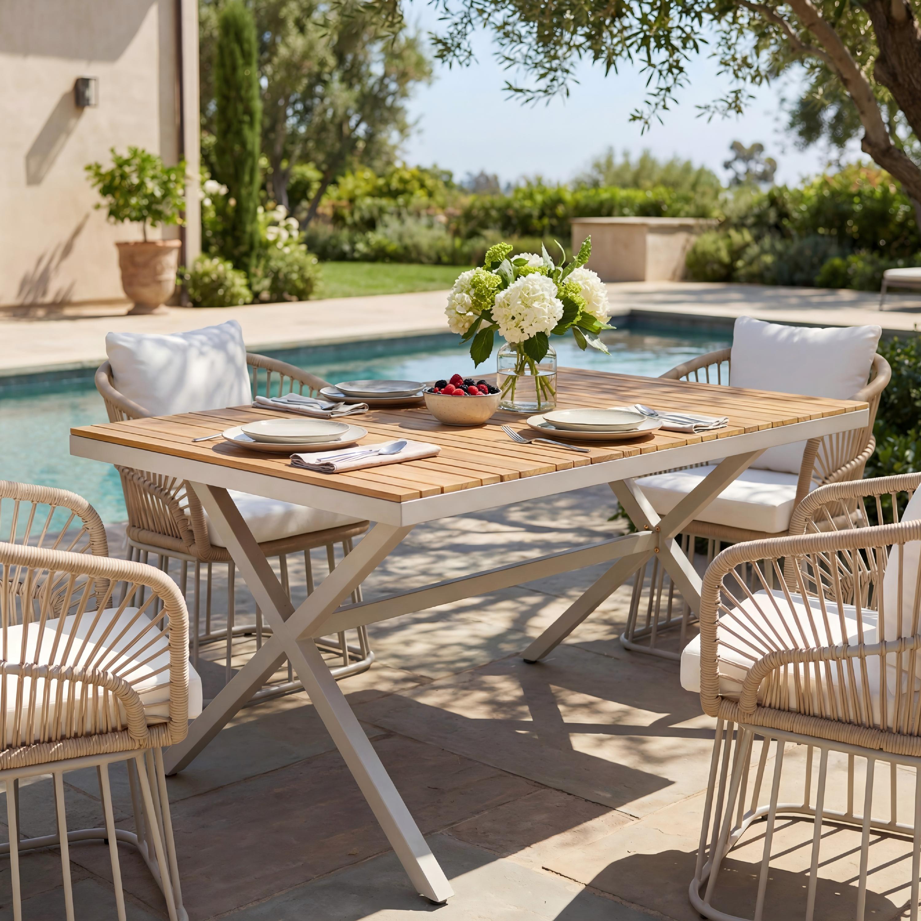 Table patio teck 55,12" cadre acier beige jambes X