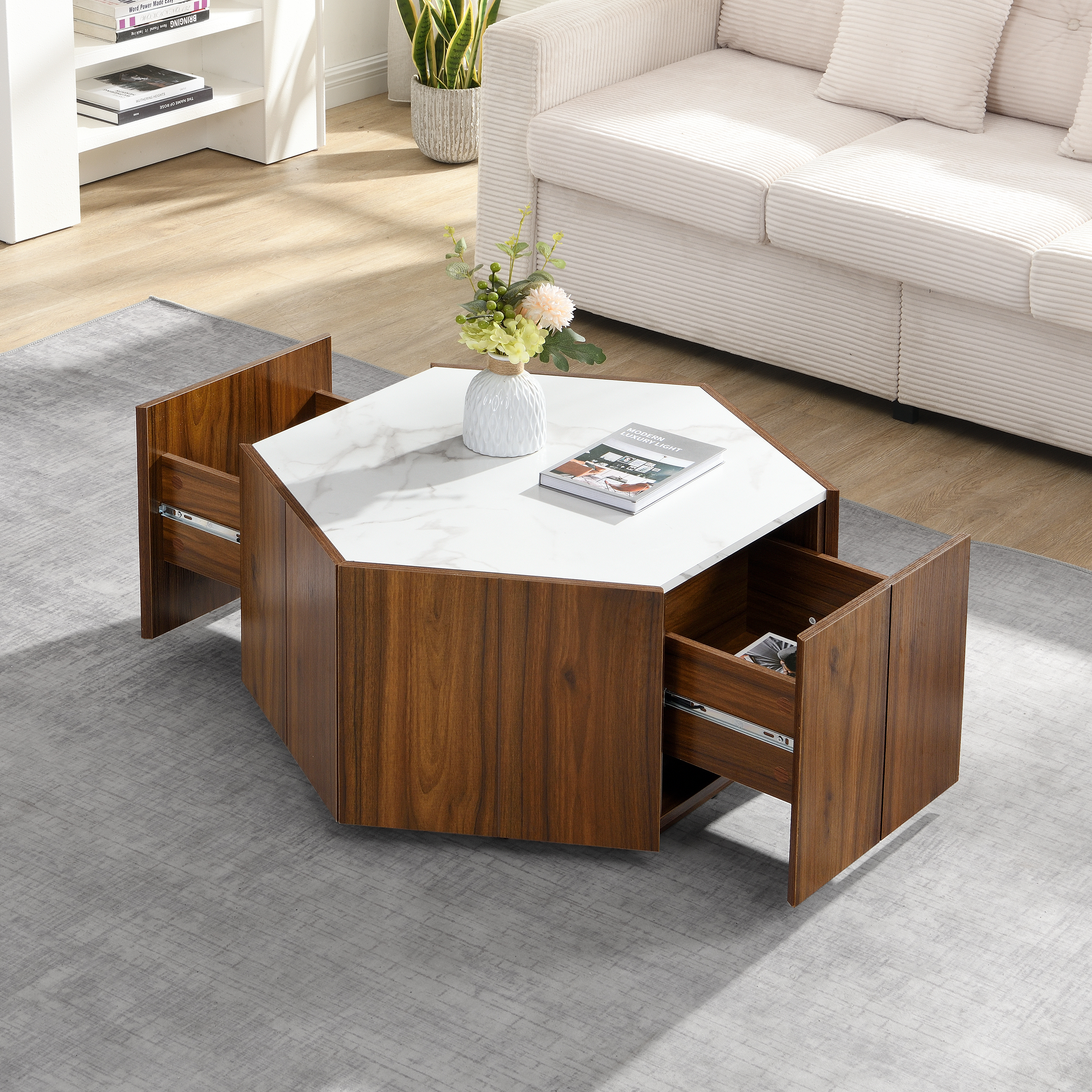 Table café hexagonale bois rustique, 2 tiroirs, marbre blanc