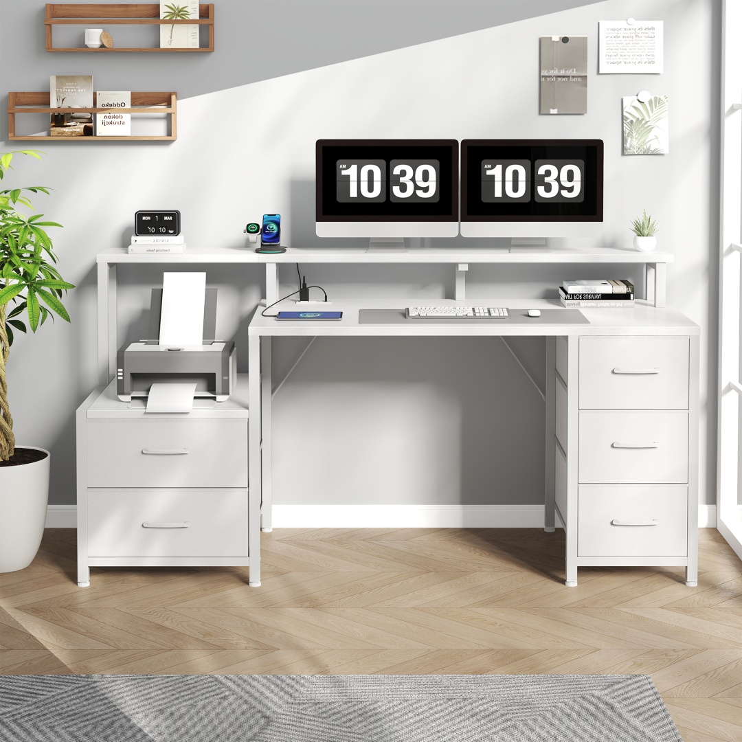 Bureau ordinateur 67 po, 5 tiroirs, support moniteur, DEL, prises