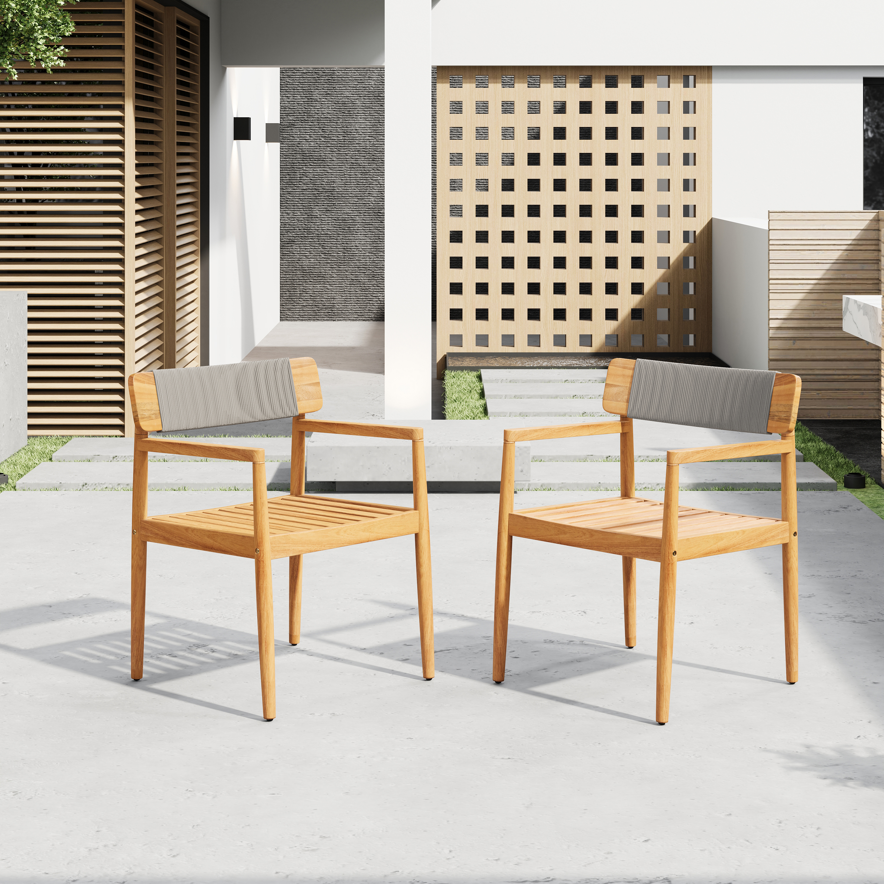 Chaises salle manger bois acacia tressé, corde grise, lot de 2