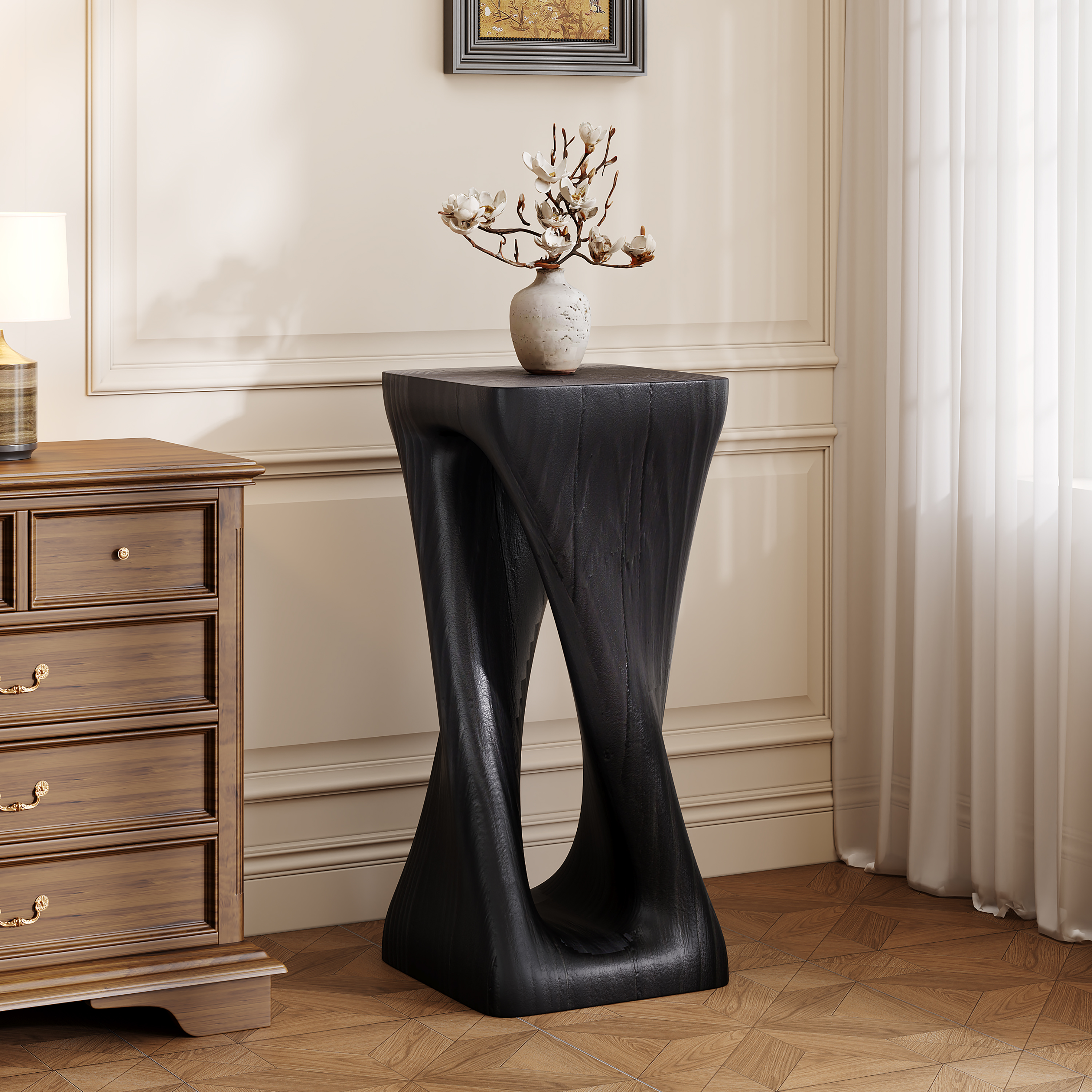 Table d'appoint patio, forme torsade, béton, noir