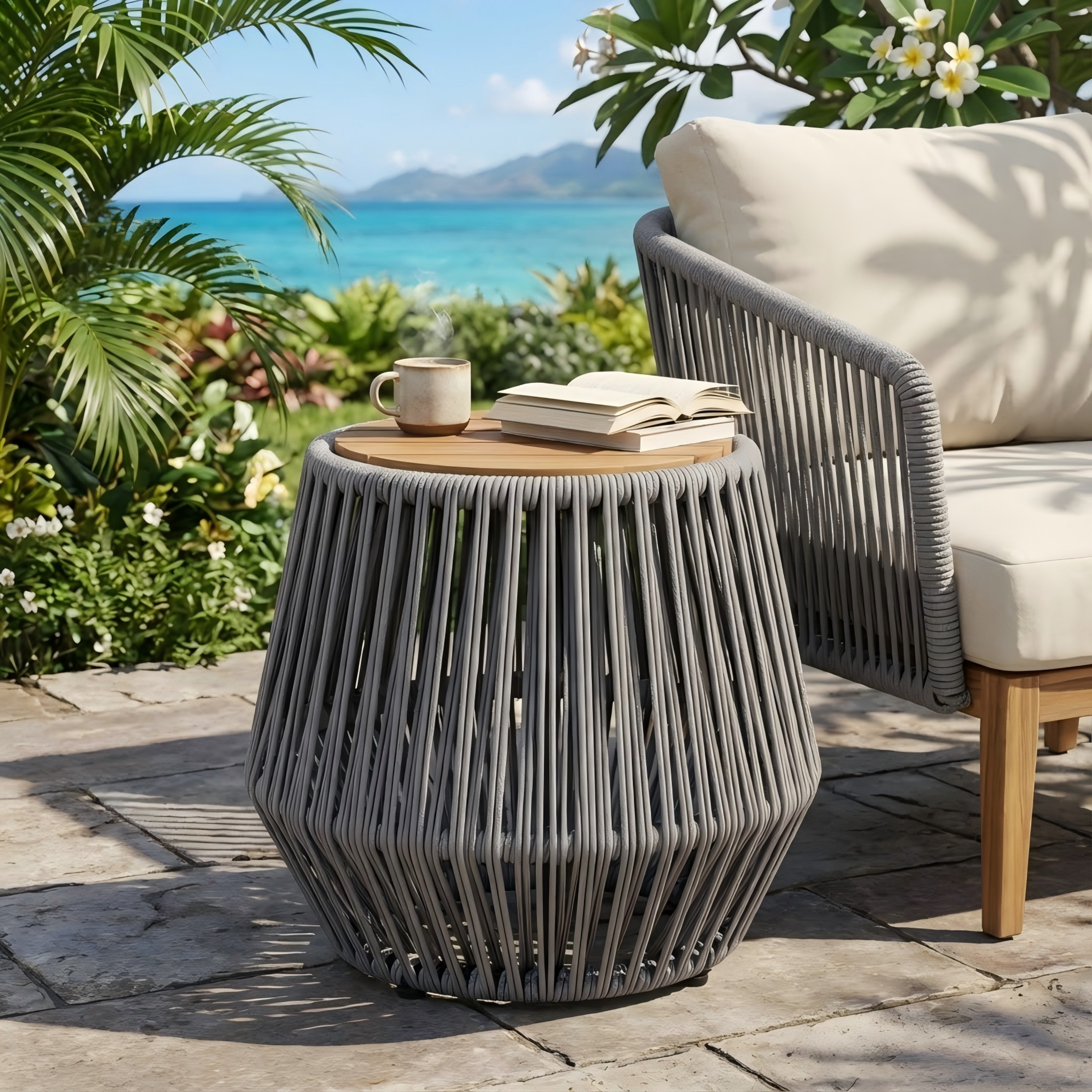 Table d'appoint acacia, base corde gris, fini teak naturel