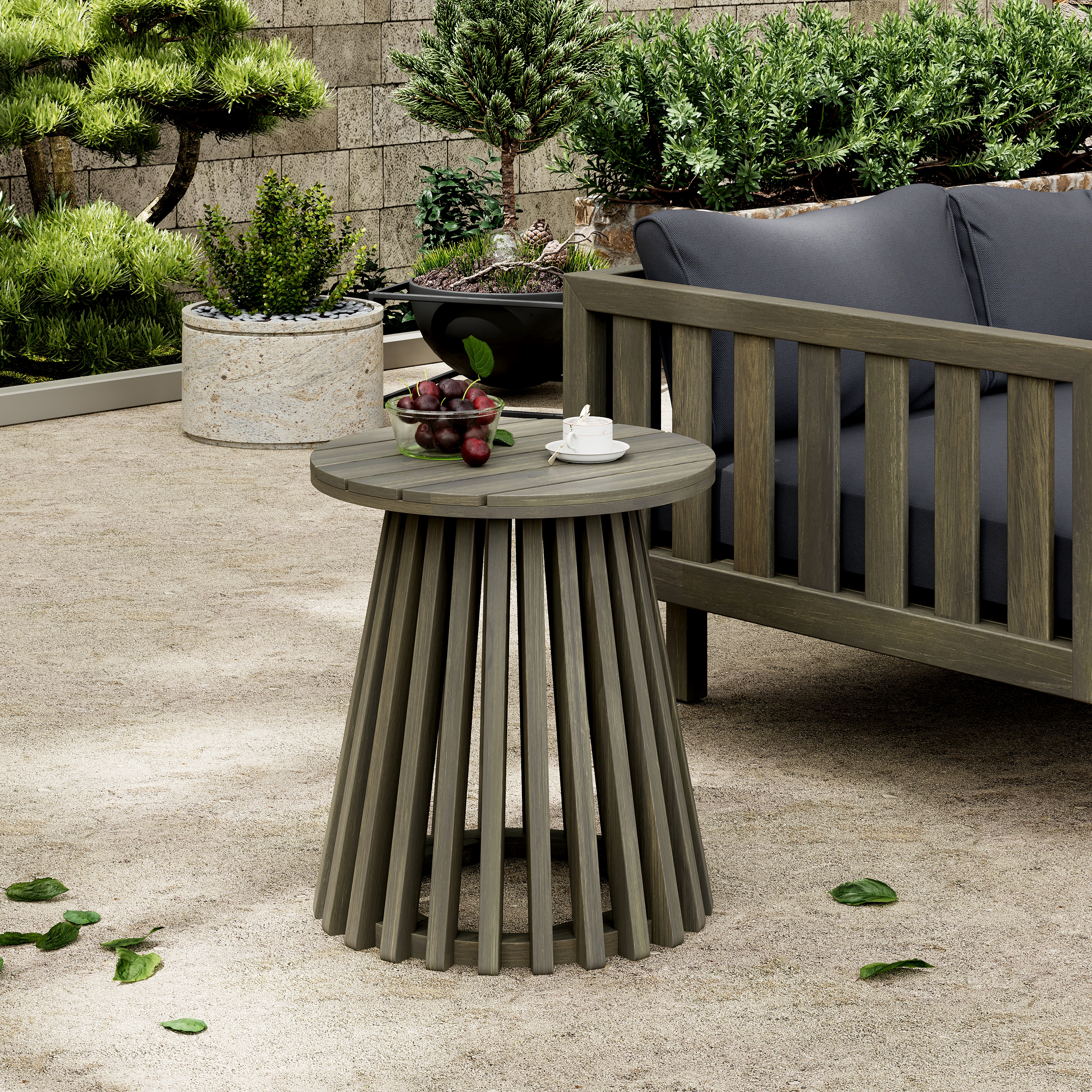 Table café patio acacia bois rond gris fini