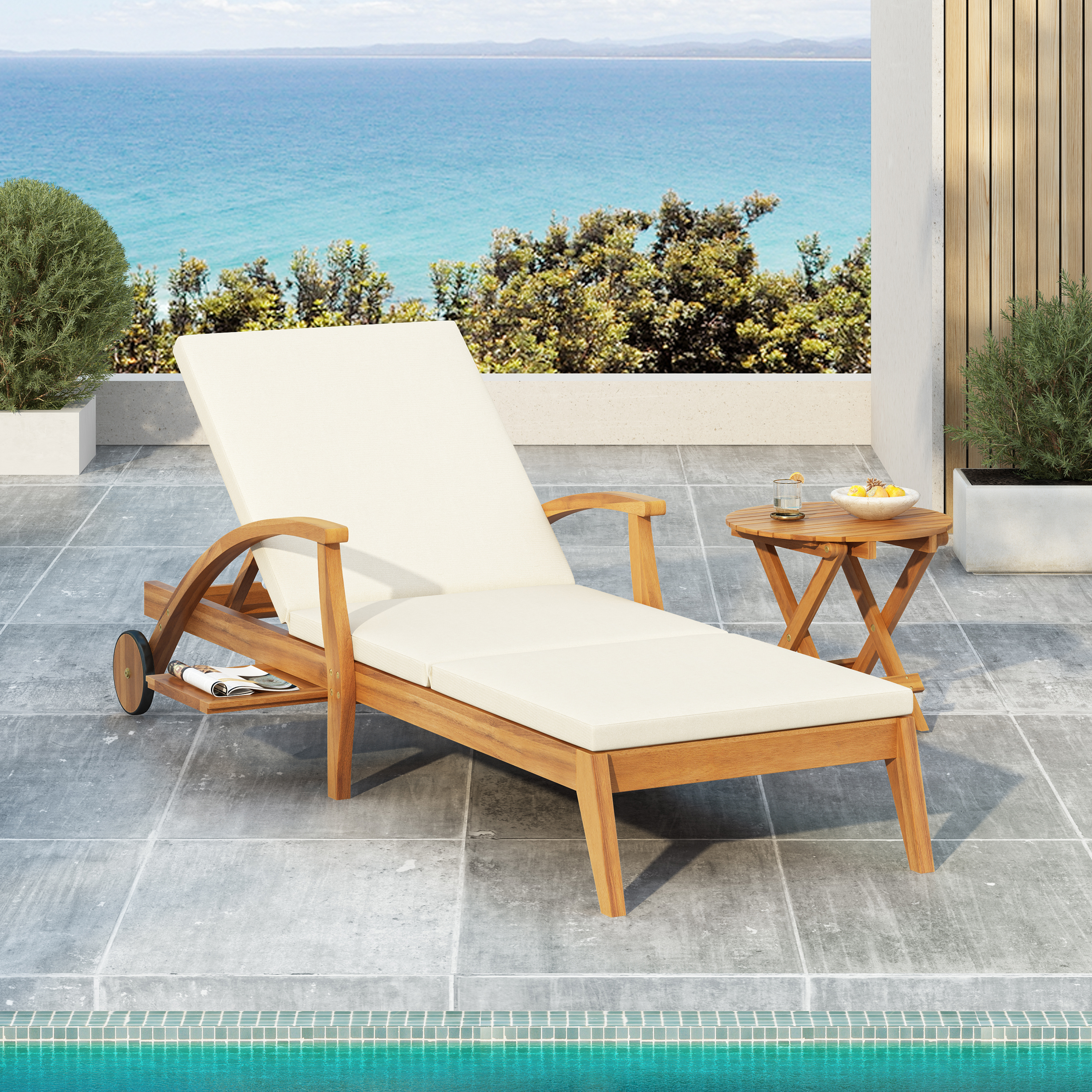 Chaise longue acacia à roulettes, coussin blanc, dossier ajustable
