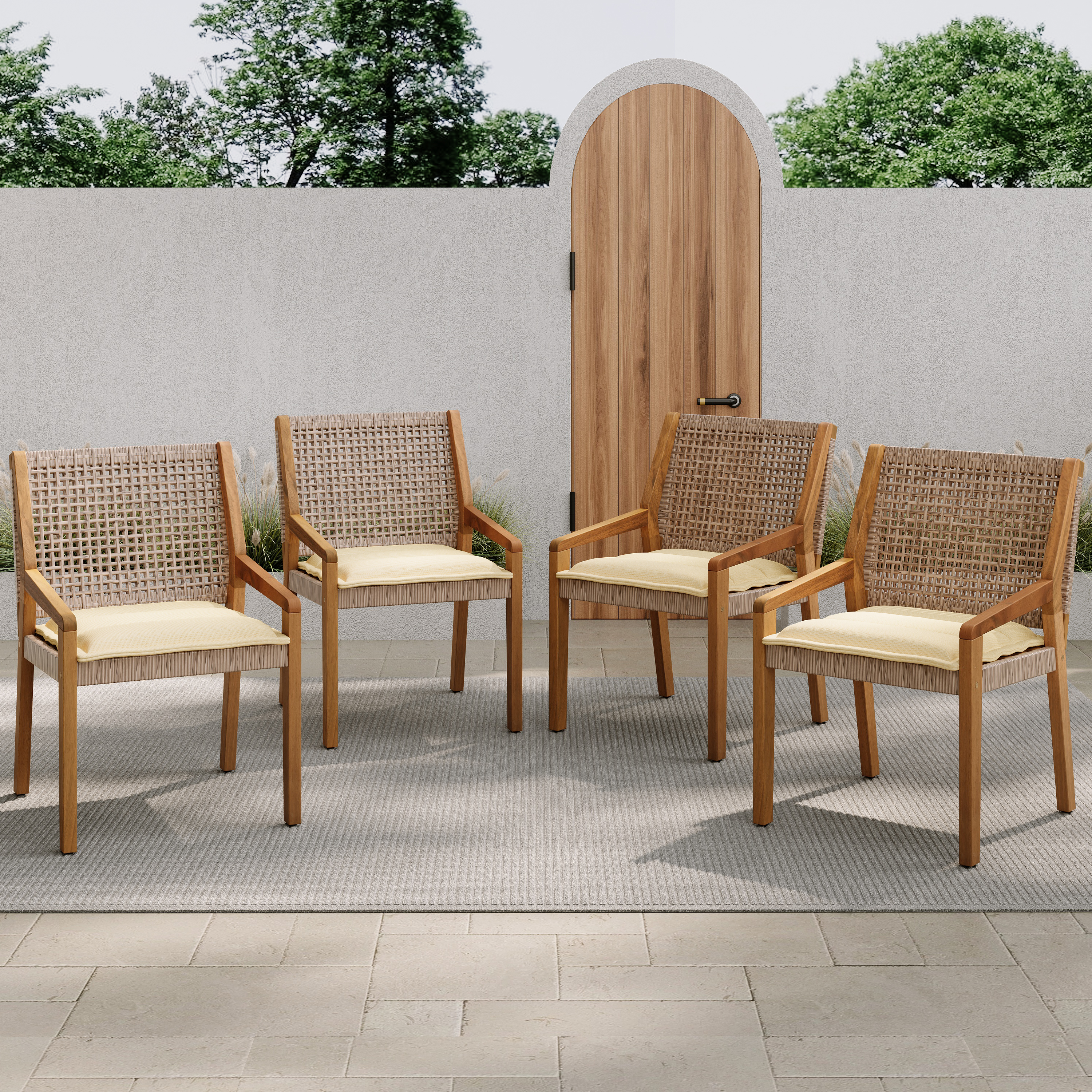 Ensemble 4 chaises patio bois acacia rotin coussin crème N770P272397G