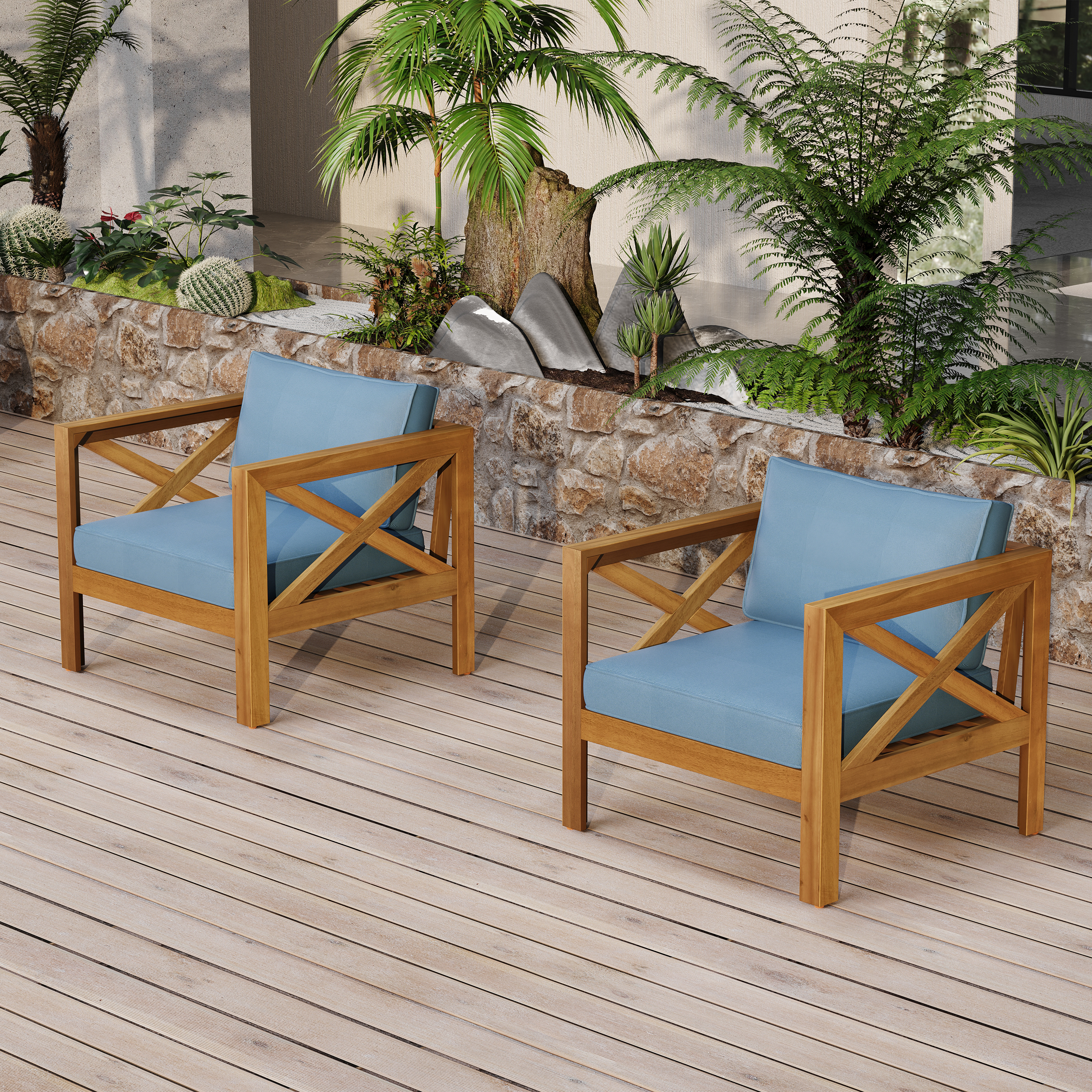 Ensemble 2 fauteuils acacia bois teck coussins bleu