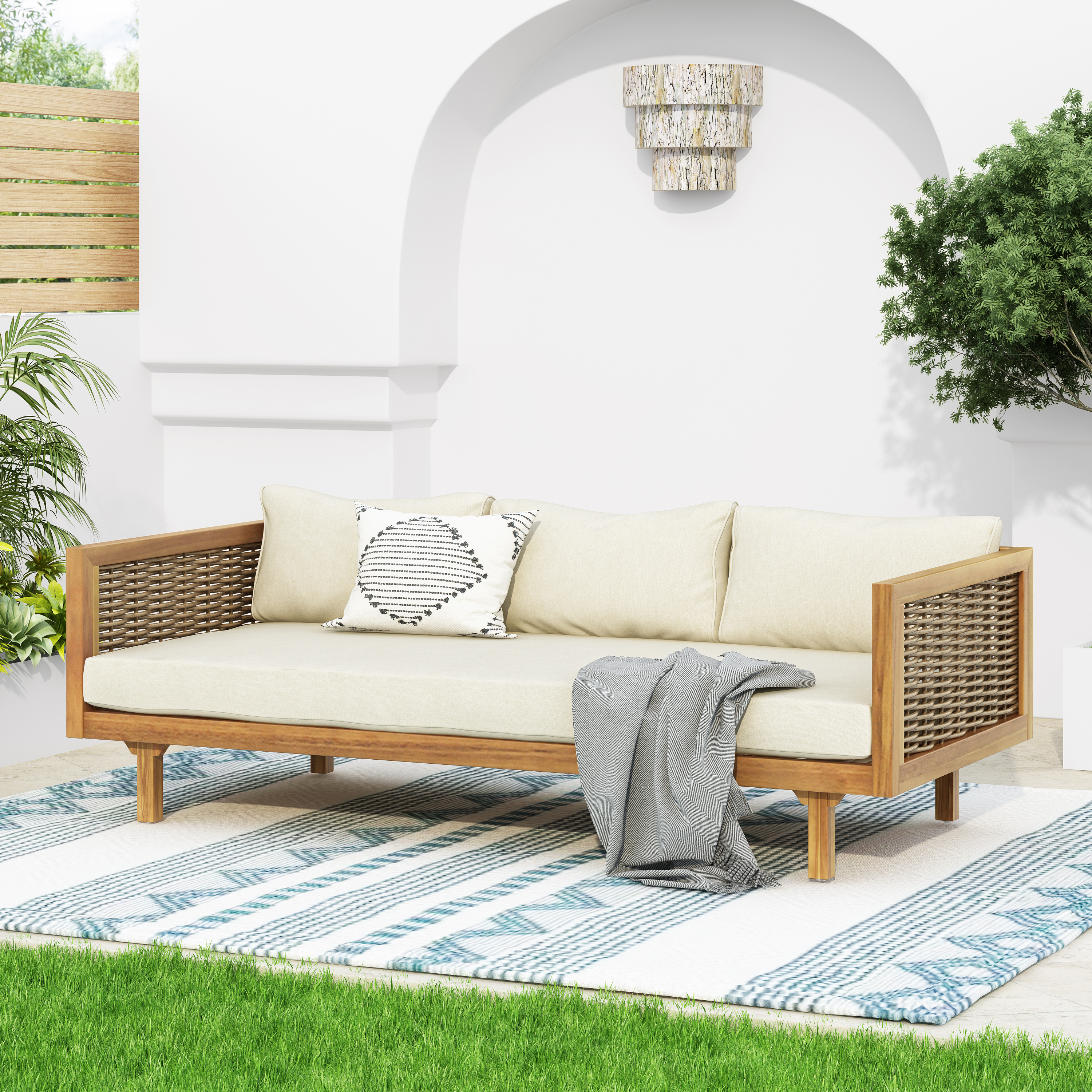 Causeuse CLAREMONT 3 places rotin beige coussins