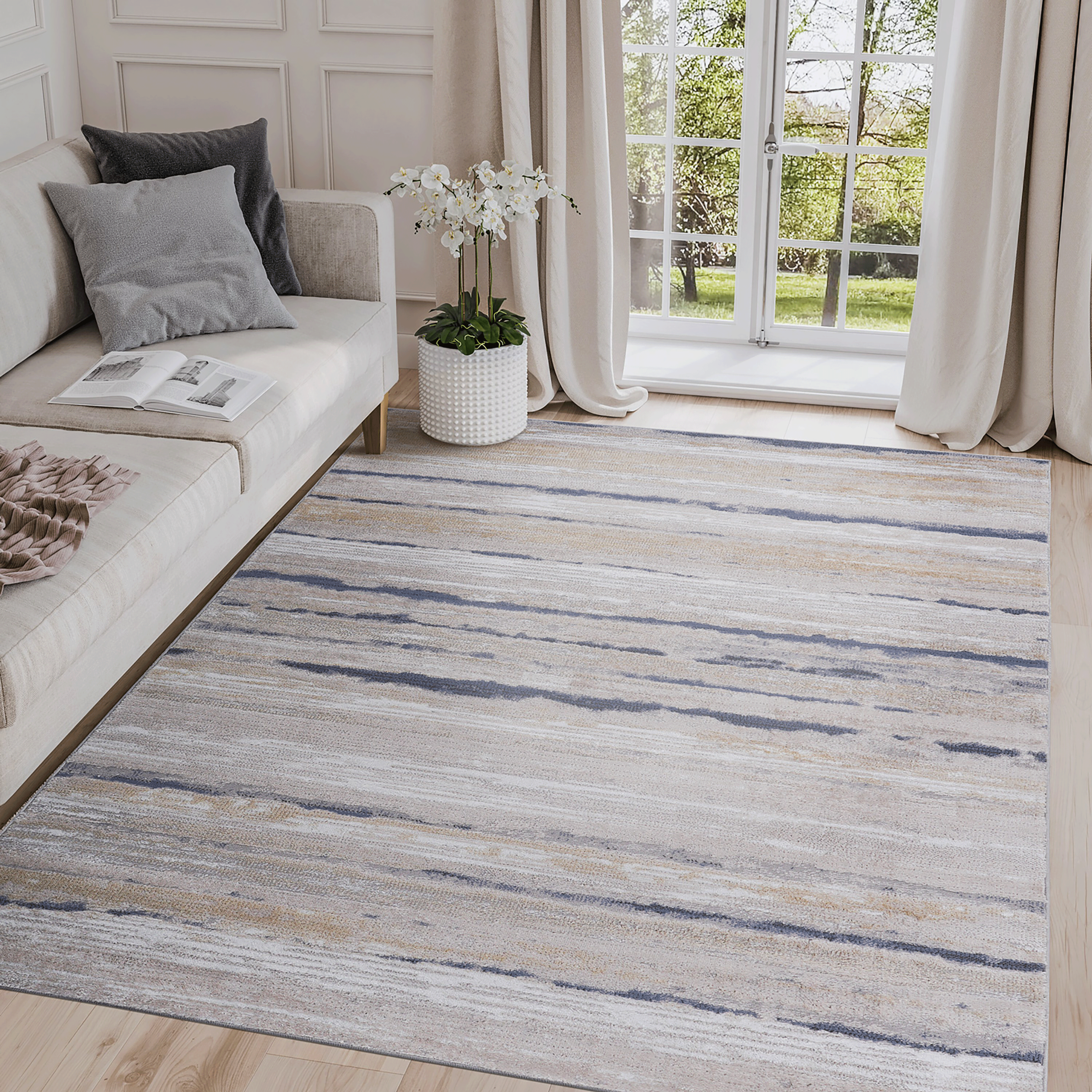 PAYAS Collection 6X9 Ivory Blue Striped Area Rug