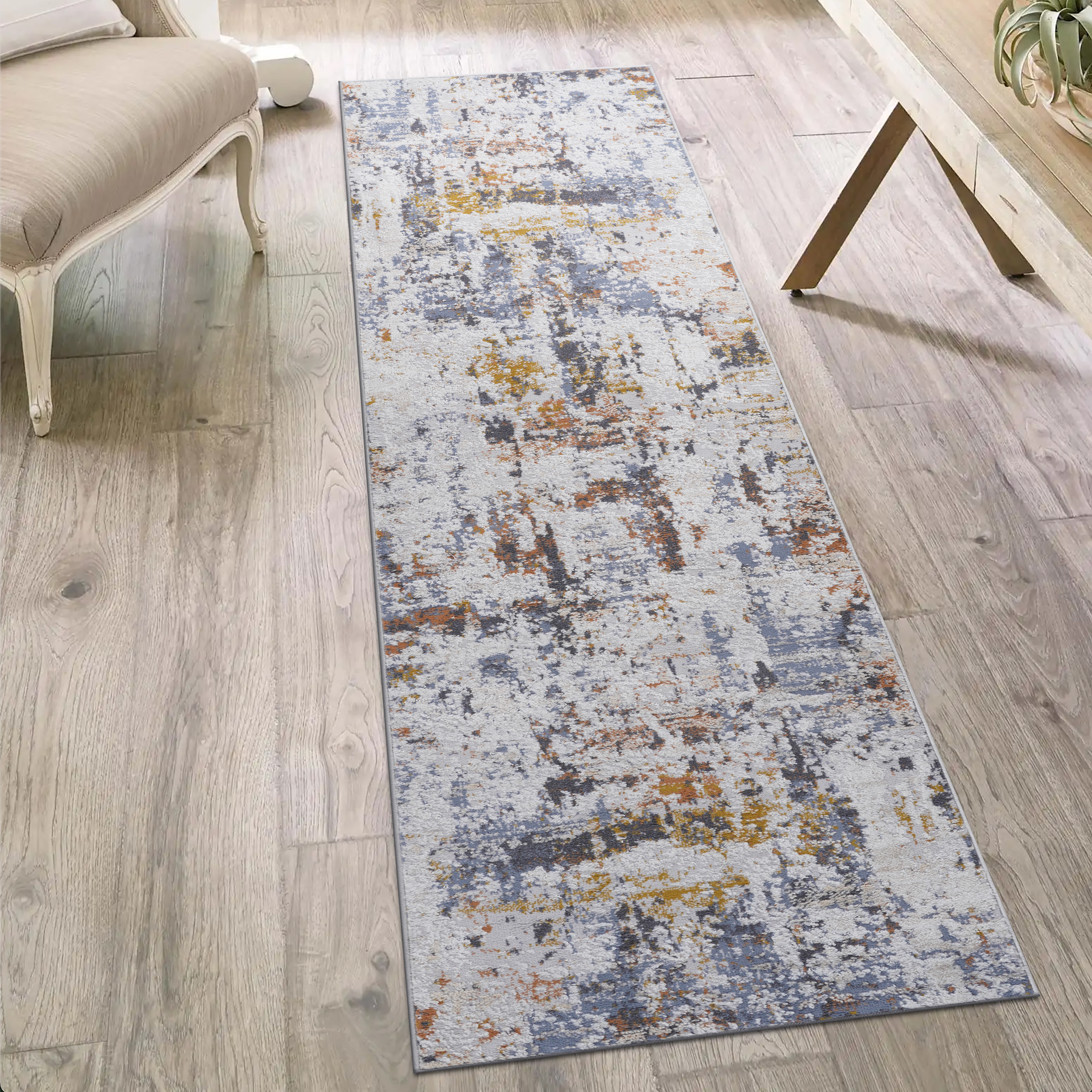 Tapis coureur PAYAS 2X8 ivoire bleu abstrait