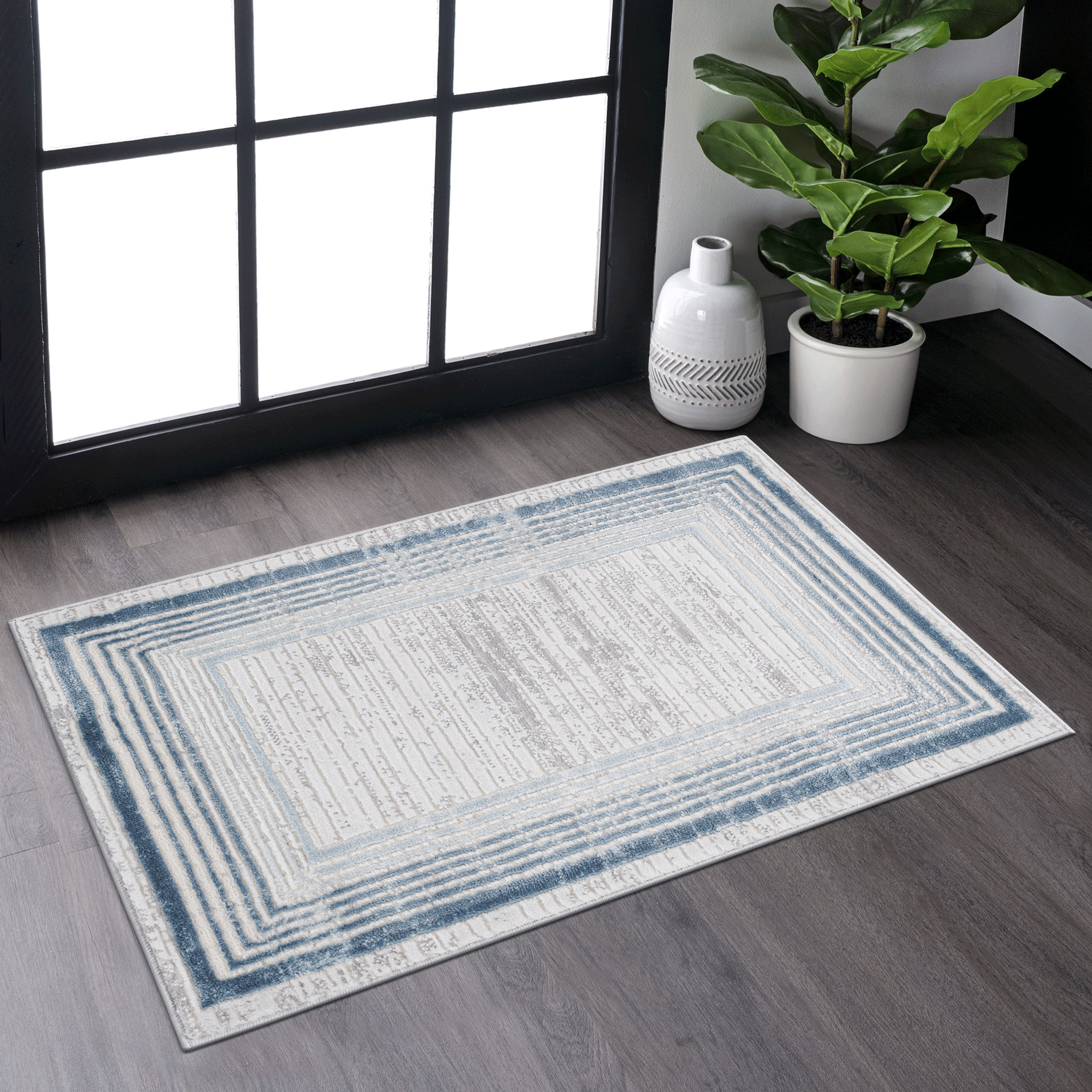 Tapis entrée MARFI 2x3 bleu ivoire bordure