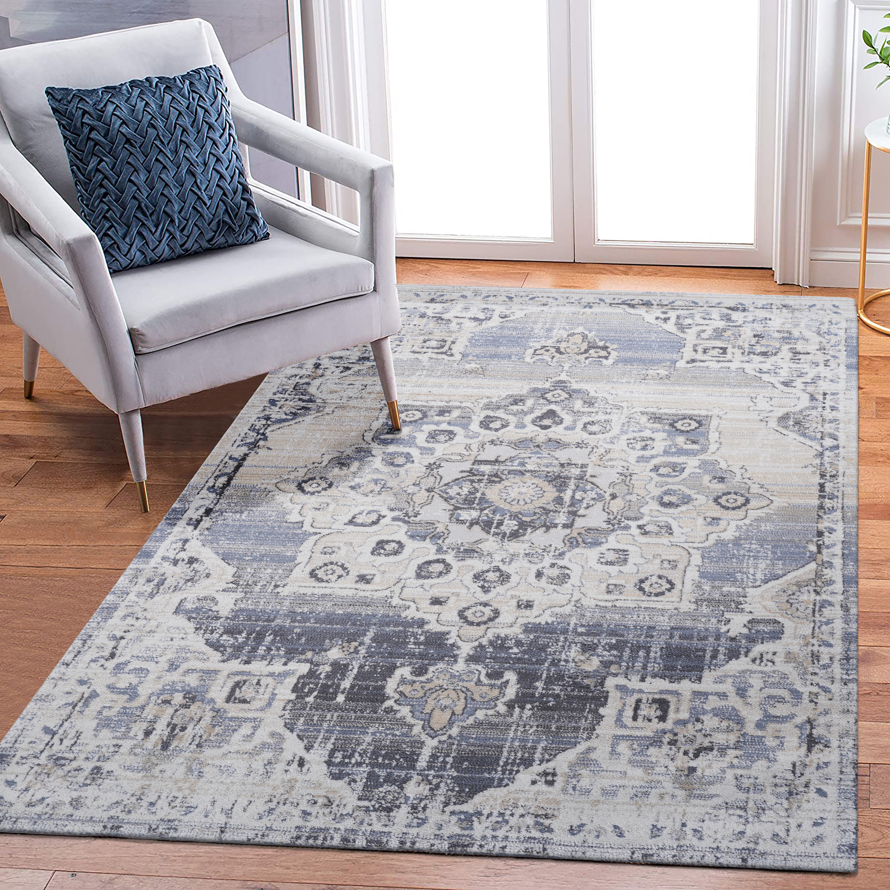 Tapis PAYAS 6X9 crème bleu médaillon