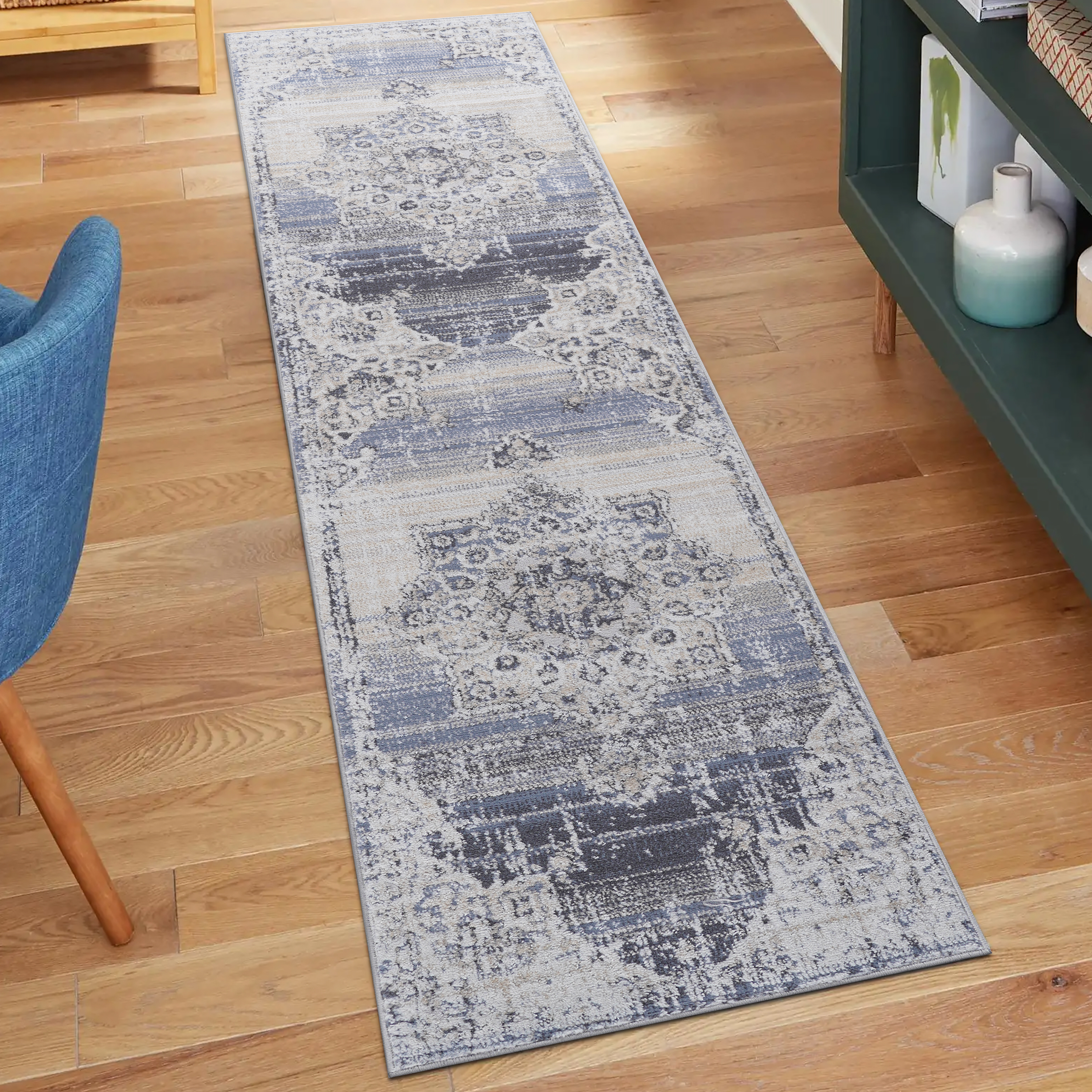 Tapis coureur PAYAS 2X8 crème bleu médaillon