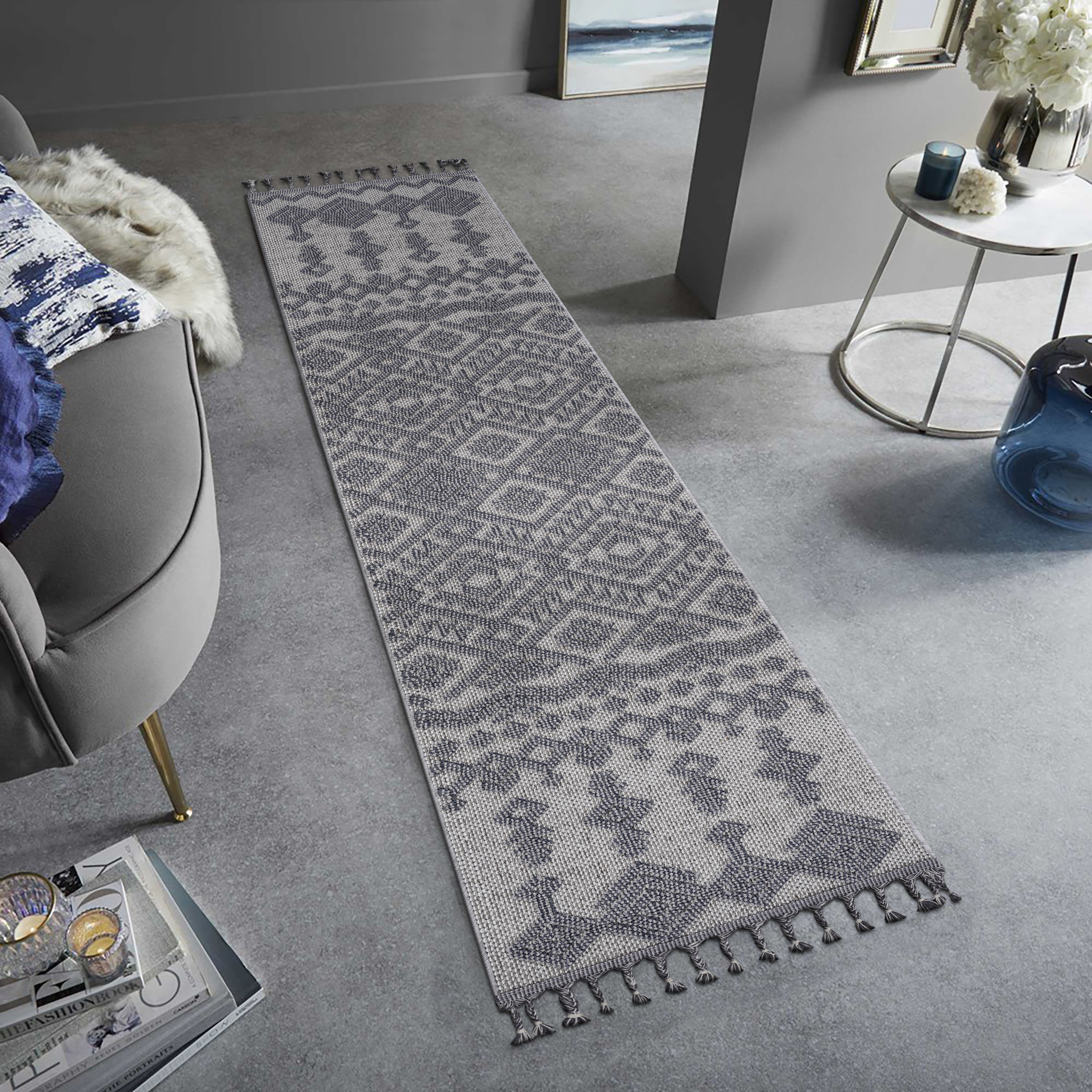 Guros Tapis coureur 2 x 8 pi, géométrique blanc gris, intérieur extérieur