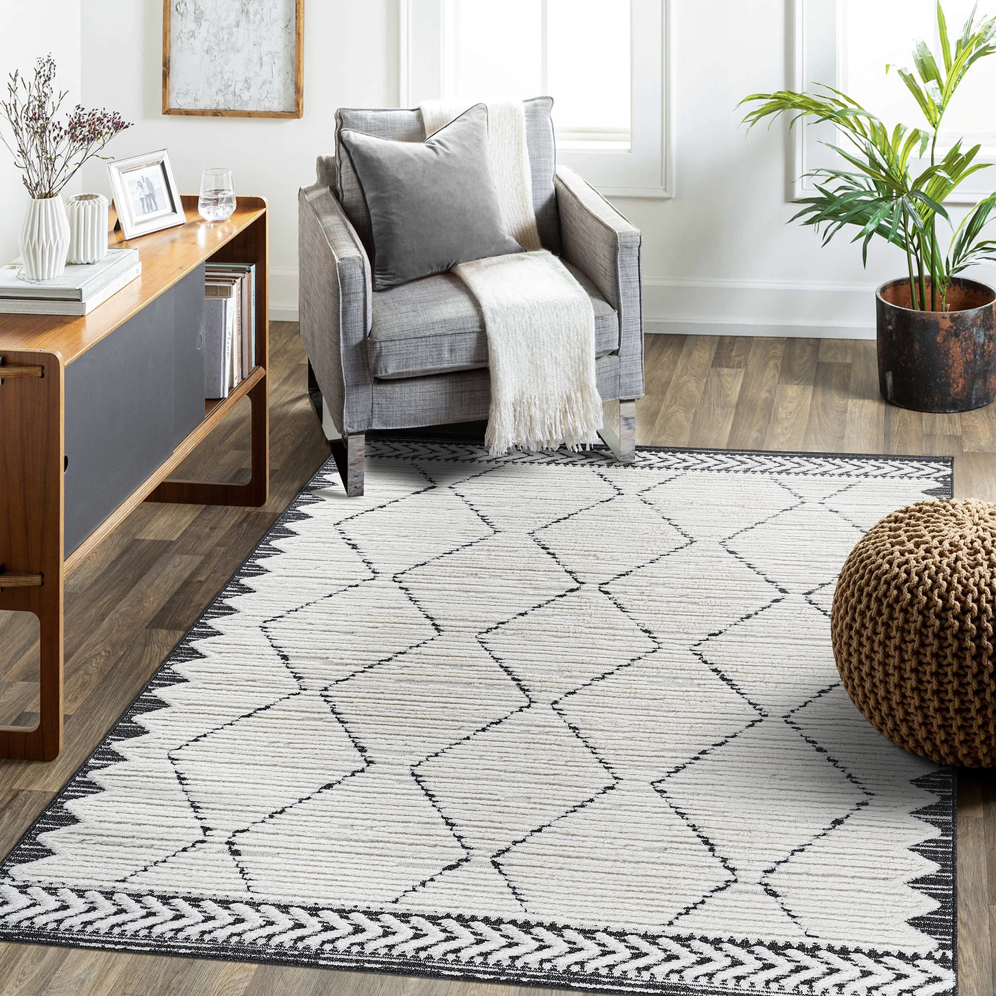 Tapis intérieur crème anthracite haute-basse géométrique