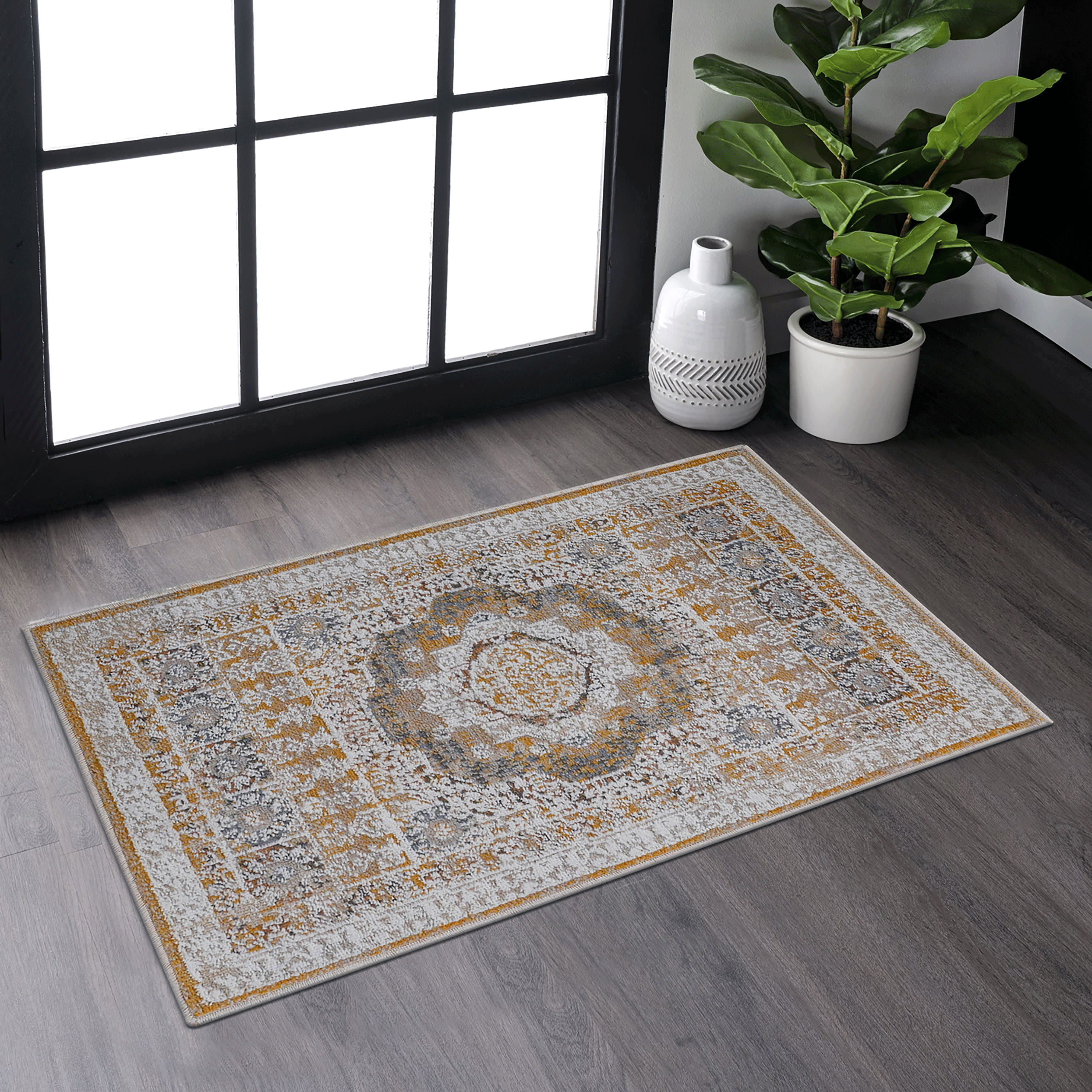 PAYAS 2X3 tapis à motif médaillon crème ivoire