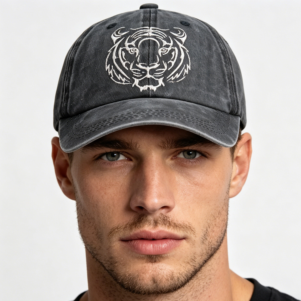 2pcs Casquette Baseball Brodée Tête Tigre Coton Lavé Faune Sauvage