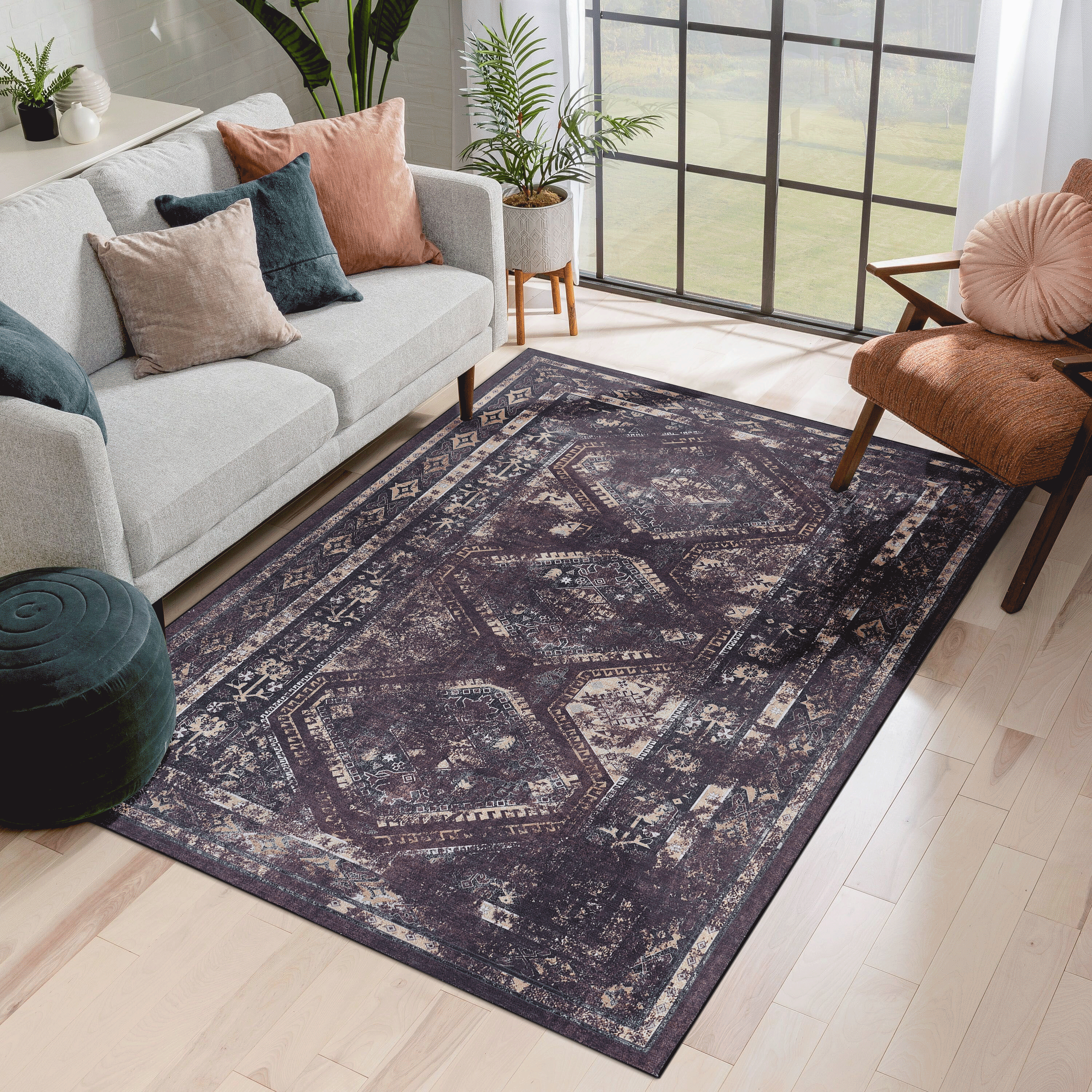 MAVAL tapis lavable 4x6 noir bourgogne