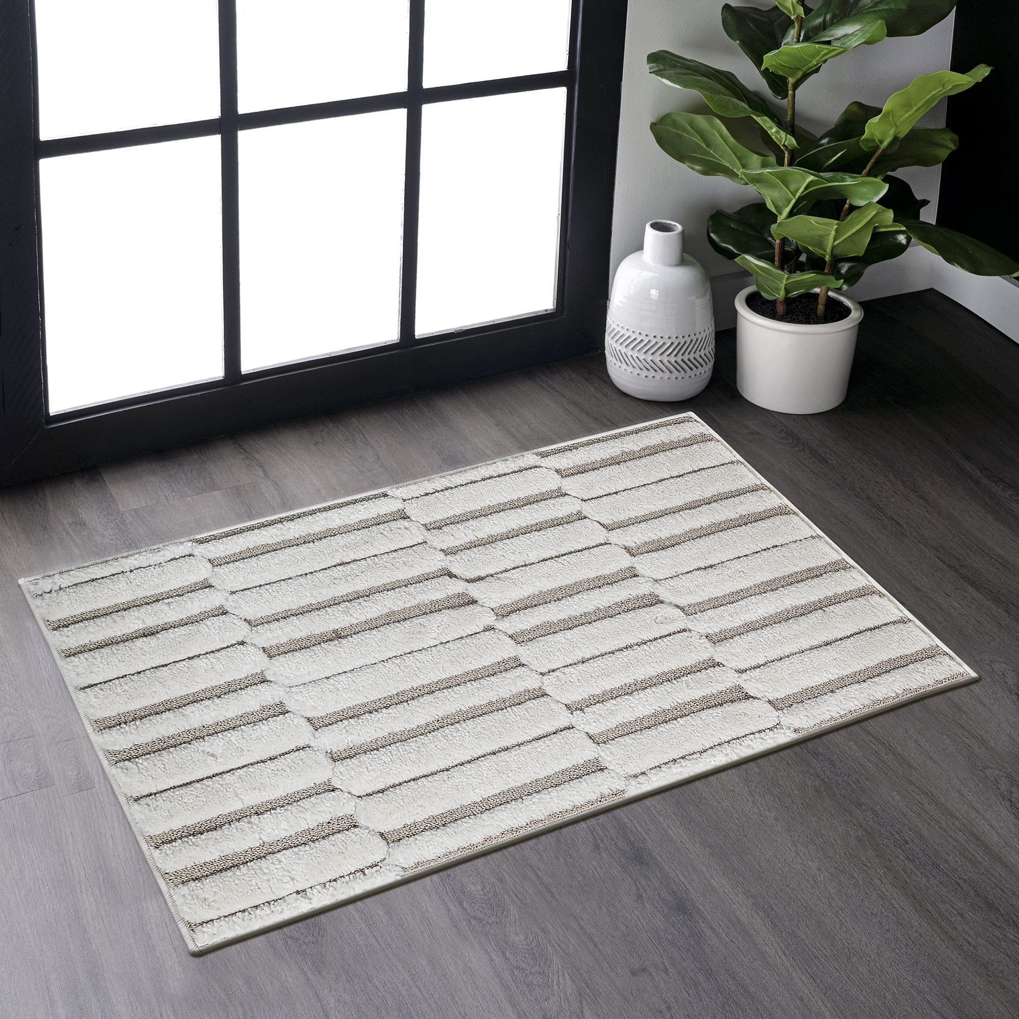 Tapis Step Collection rayé beige crème 2'x3' contemporain