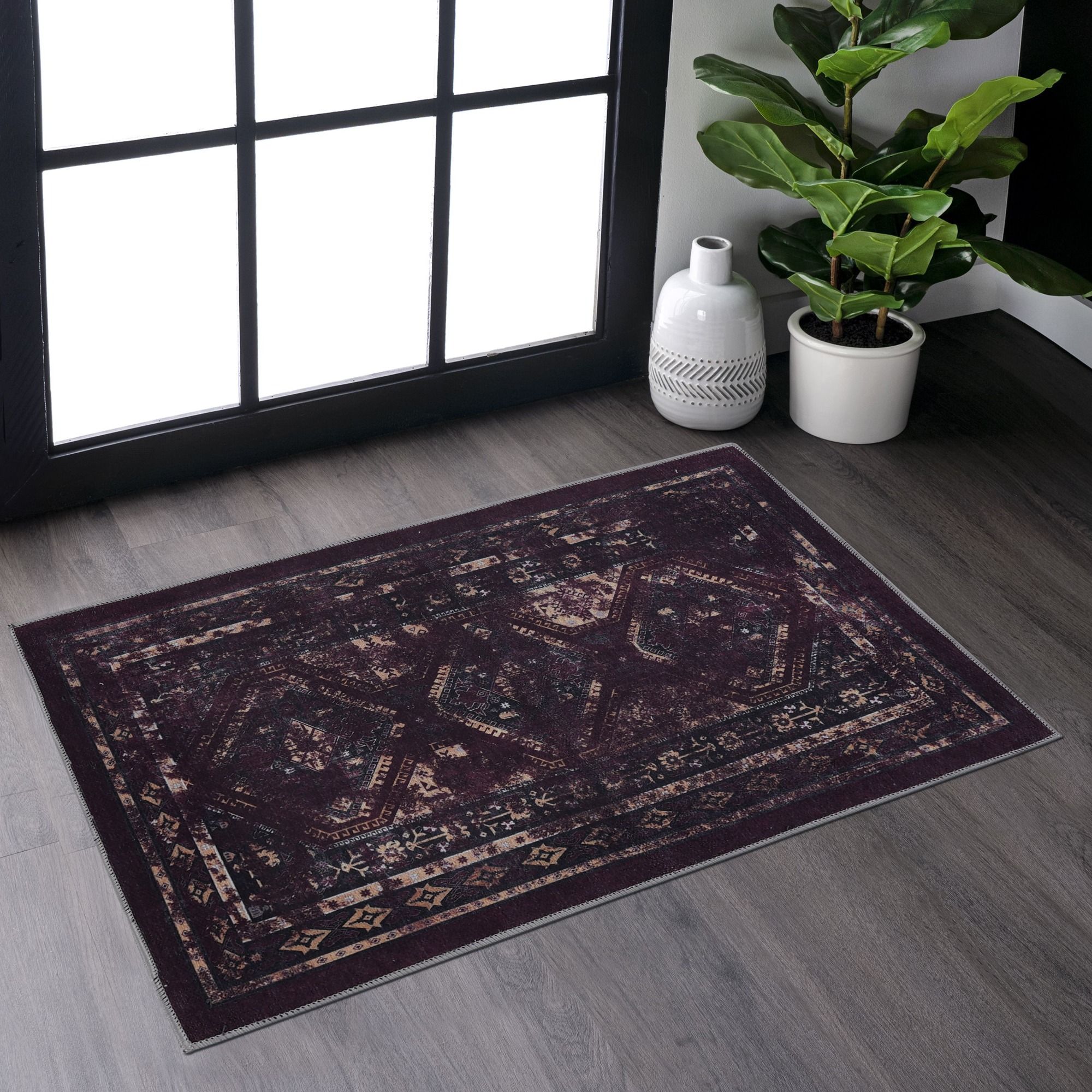 MAVAL Tapis lavable 2'x3' noir bourgogne