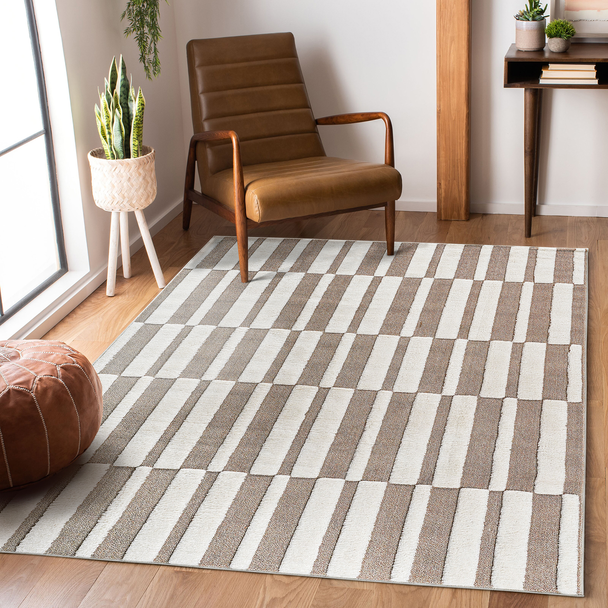 Tapis Step collection rayé beige crème 5'3"x7'6", géométrique