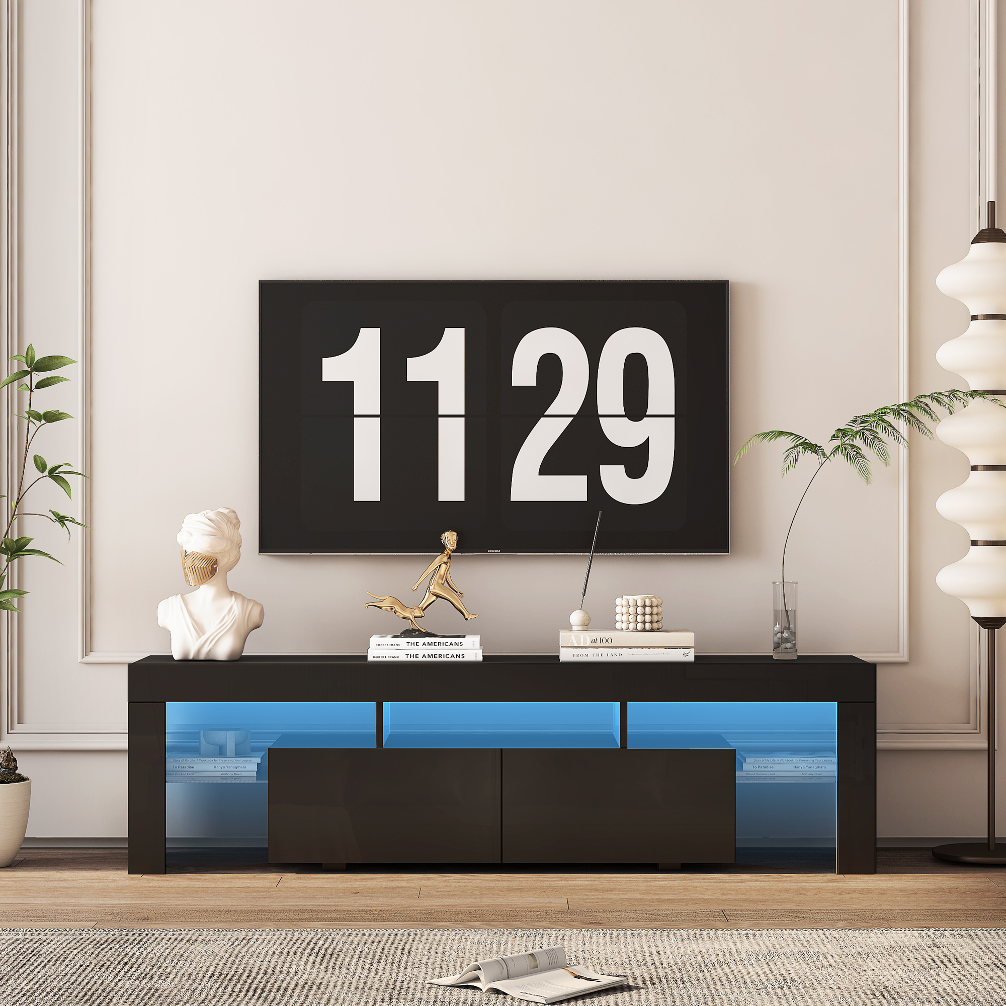 Meuble TV noir brillant LED, jusqu'à 65po, rangements, moderne