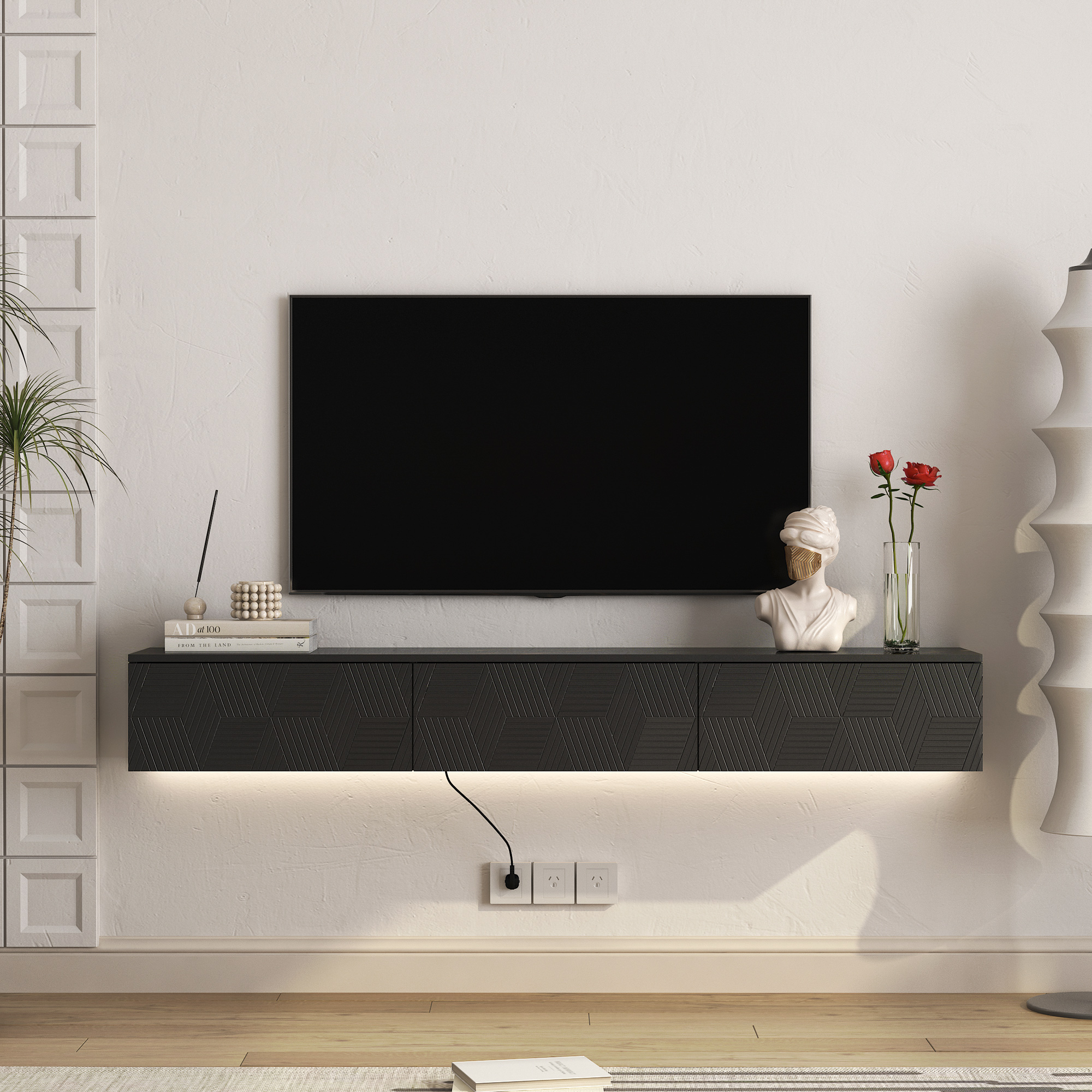 Meuble TV mural flottant 67" LED 16 couleurs, noir