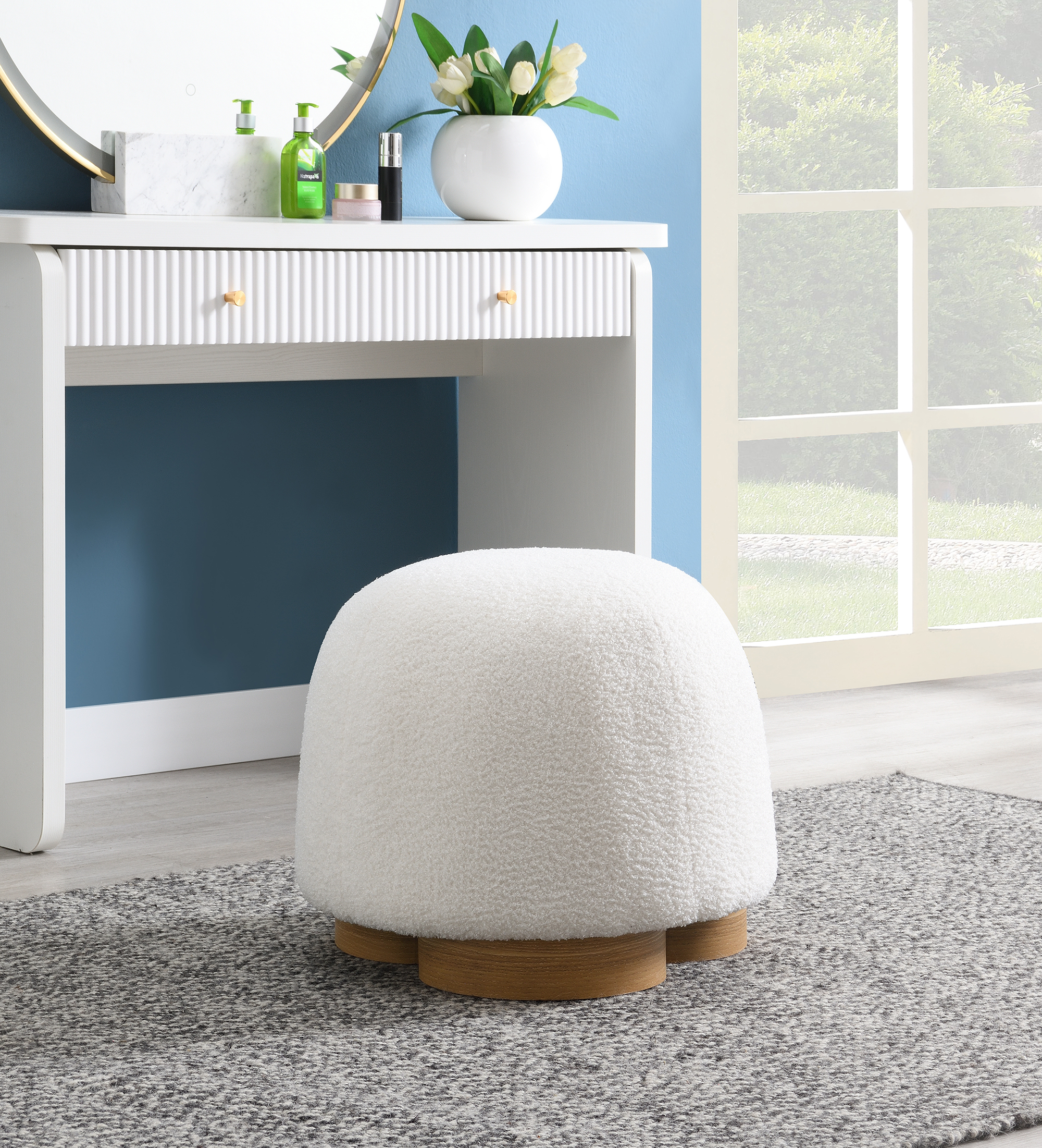Pouf ottoman rond tissu teddy rembourrée, repose-pied, blanc