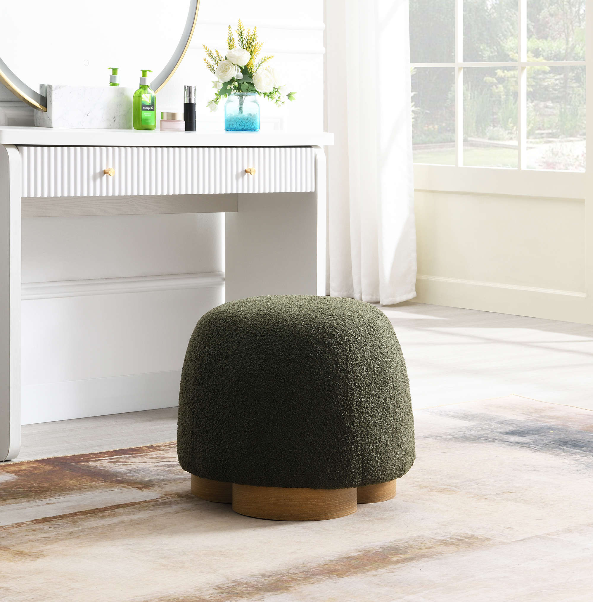 Pouf ottoman tissu teddy vert olive rembourré
