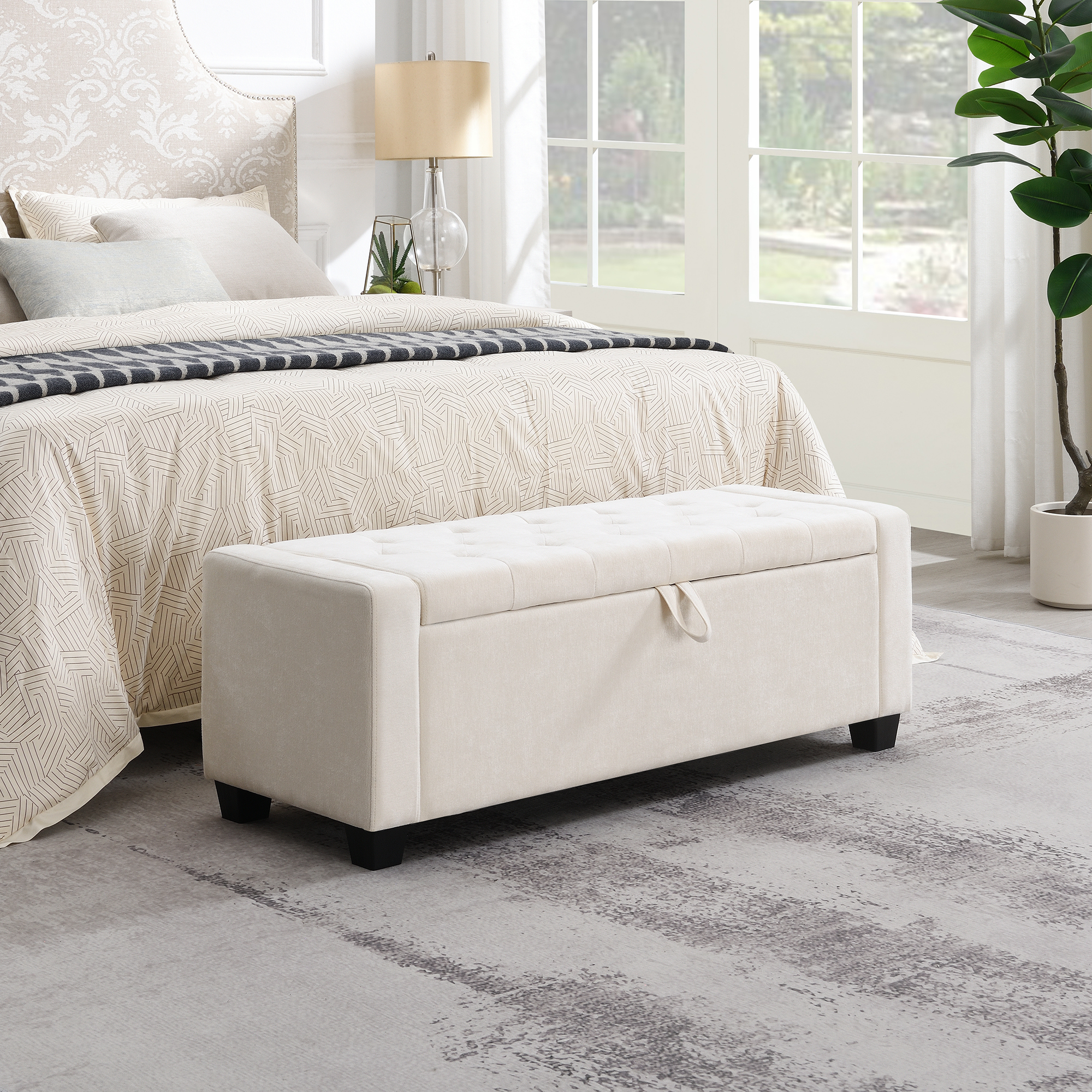 Ottoman rangement 48 po, banc rembourré beige, capacité 350 lb