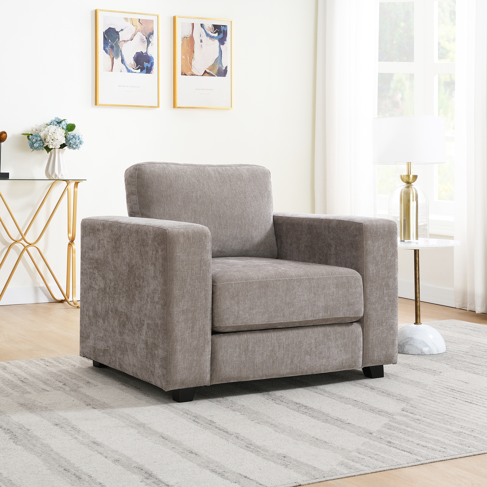 Fauteuil accentuation grand bras tissu chenille, couvre lavable brun