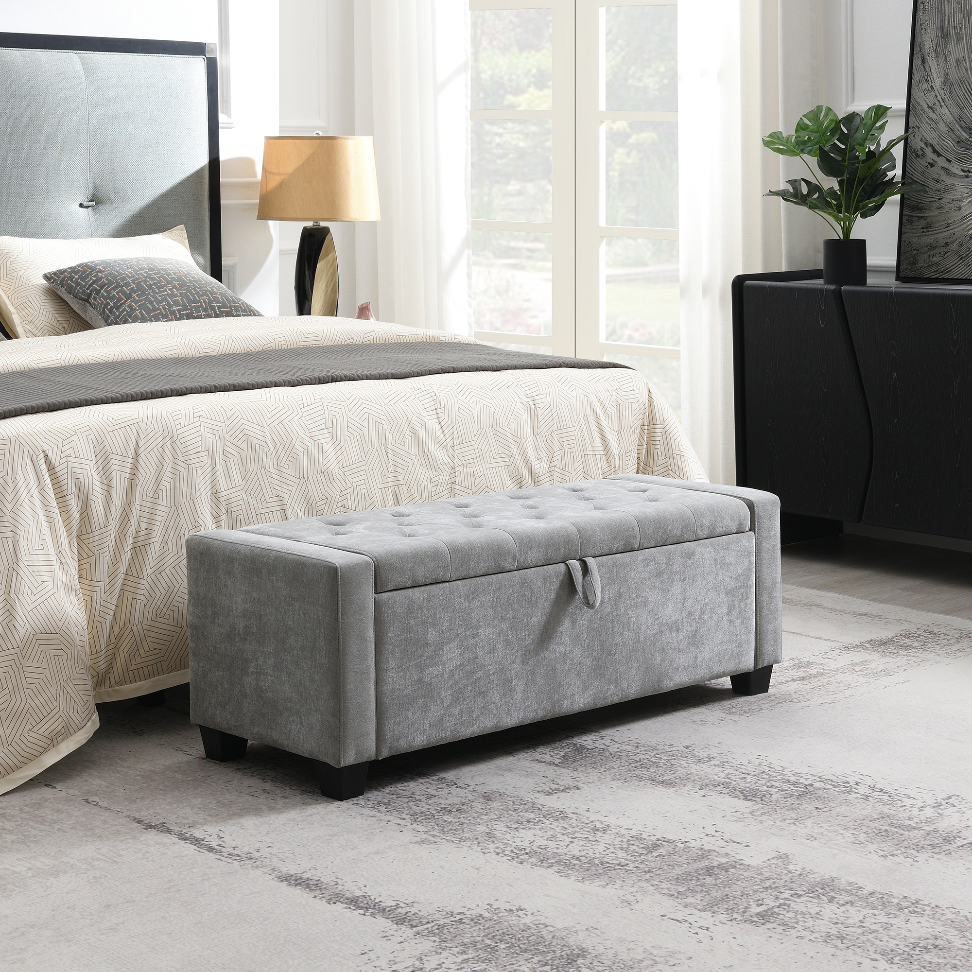 Ottoman rangement 48 po, banc rembourré gris clair, capacité 350 lb
