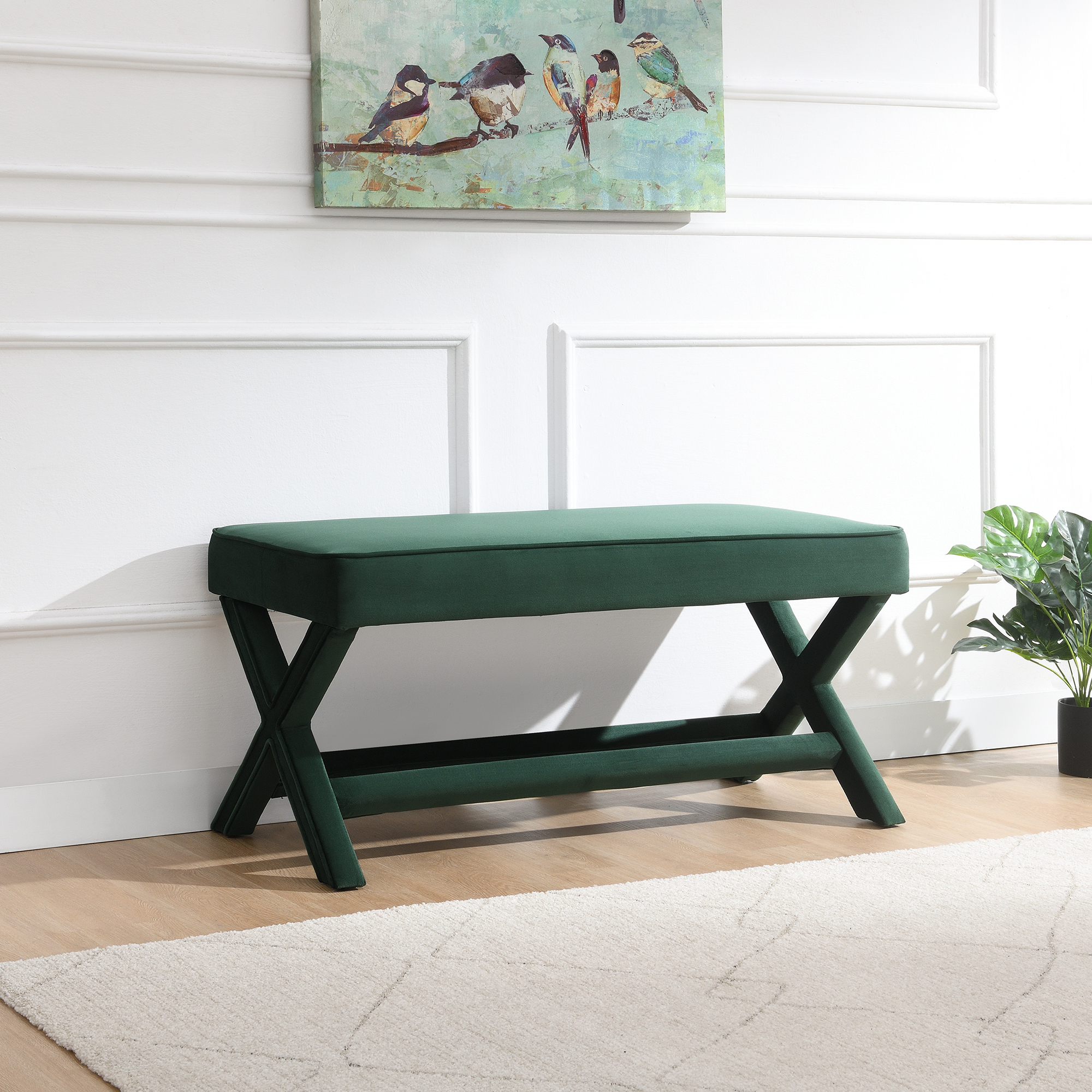 Banc velours double rembourré pieds X vert coussin