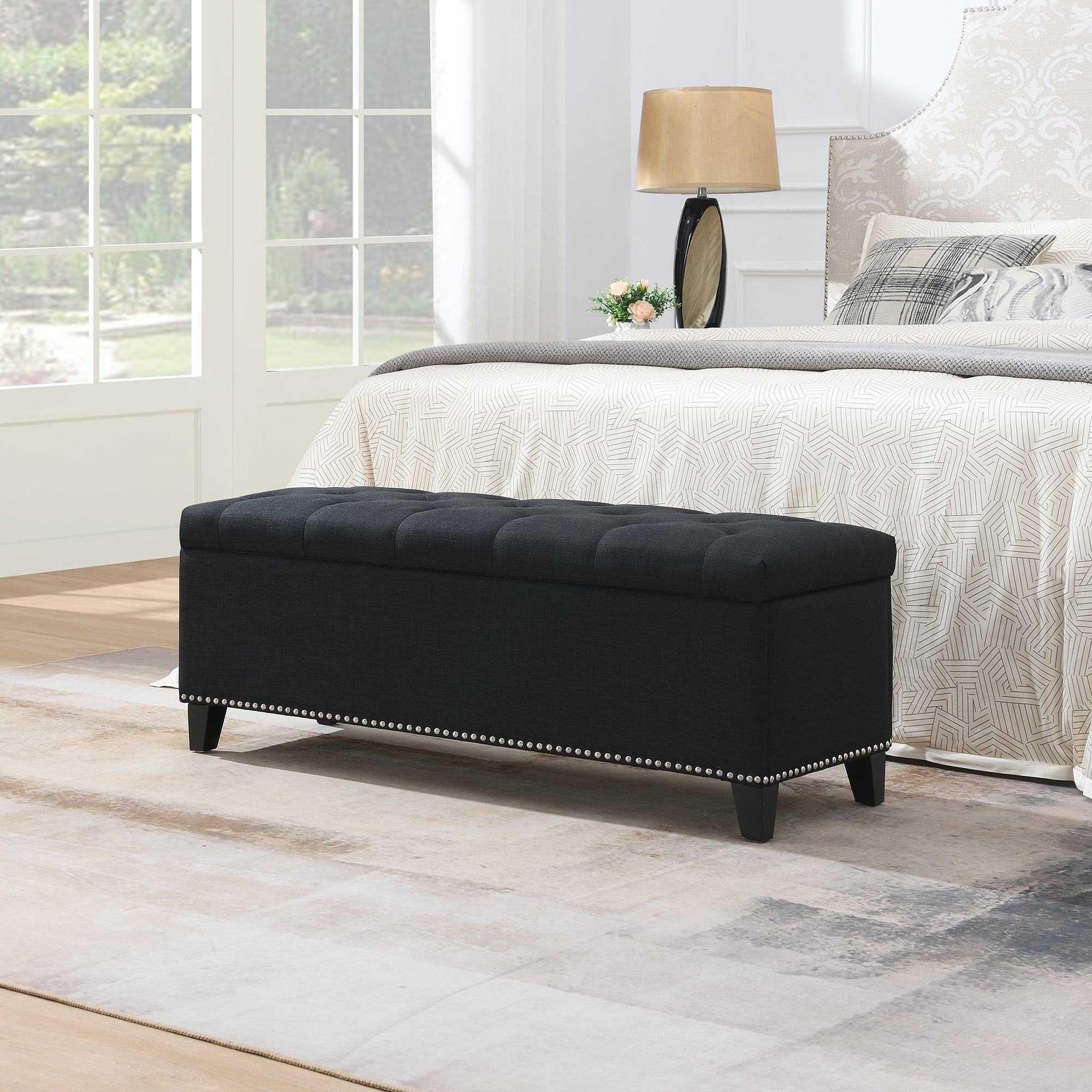 Ottoman rangement 47,5", lin matelassé, 500lbs, noir