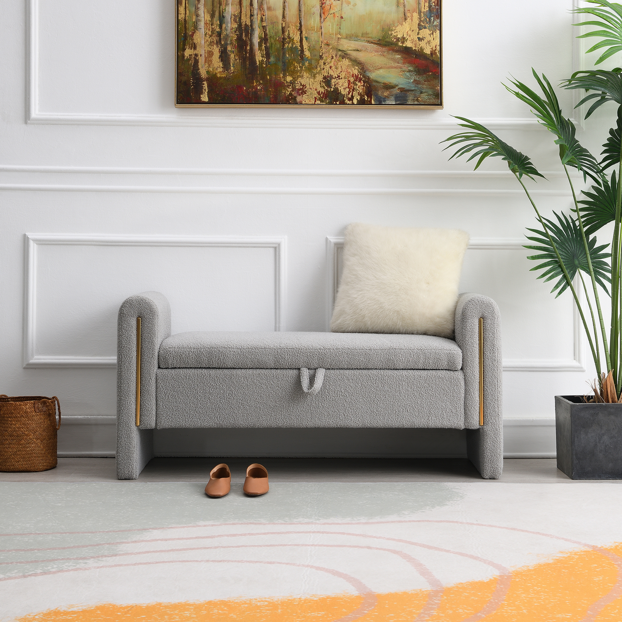 Banc bout lit teddy gris, rangement, repose-pieds rembourré