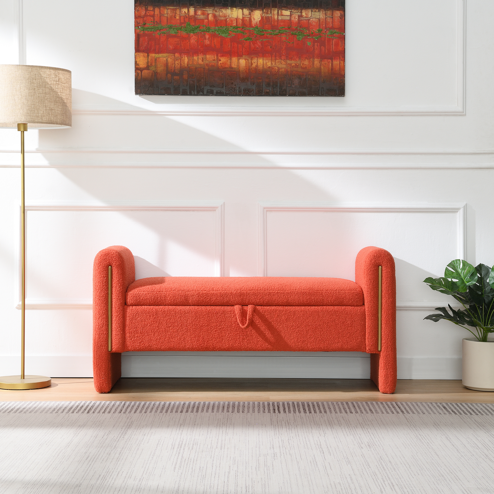 Banc bout de lit rangement velours orange