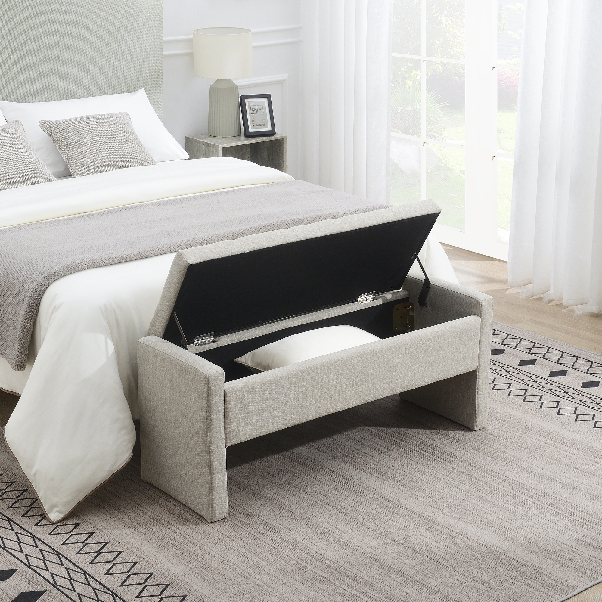 Banc pied lit stockage velours gris clair