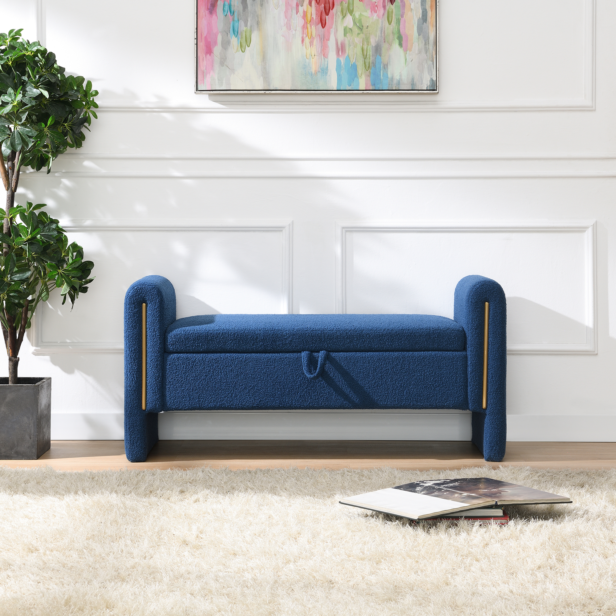 Banc bout de lit Teddy bleu marine, Rangement intégré