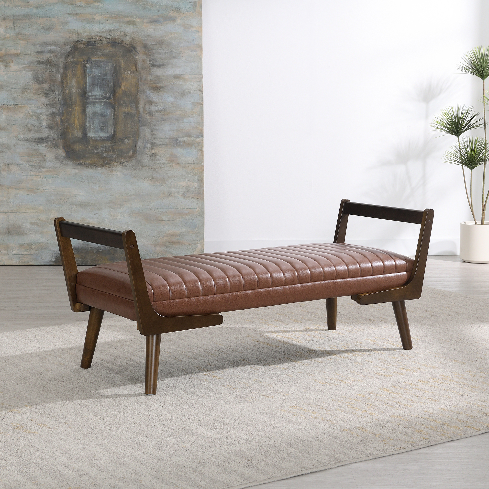 Banc 52po siècle moyen, tabouret repose-pied velours cognac